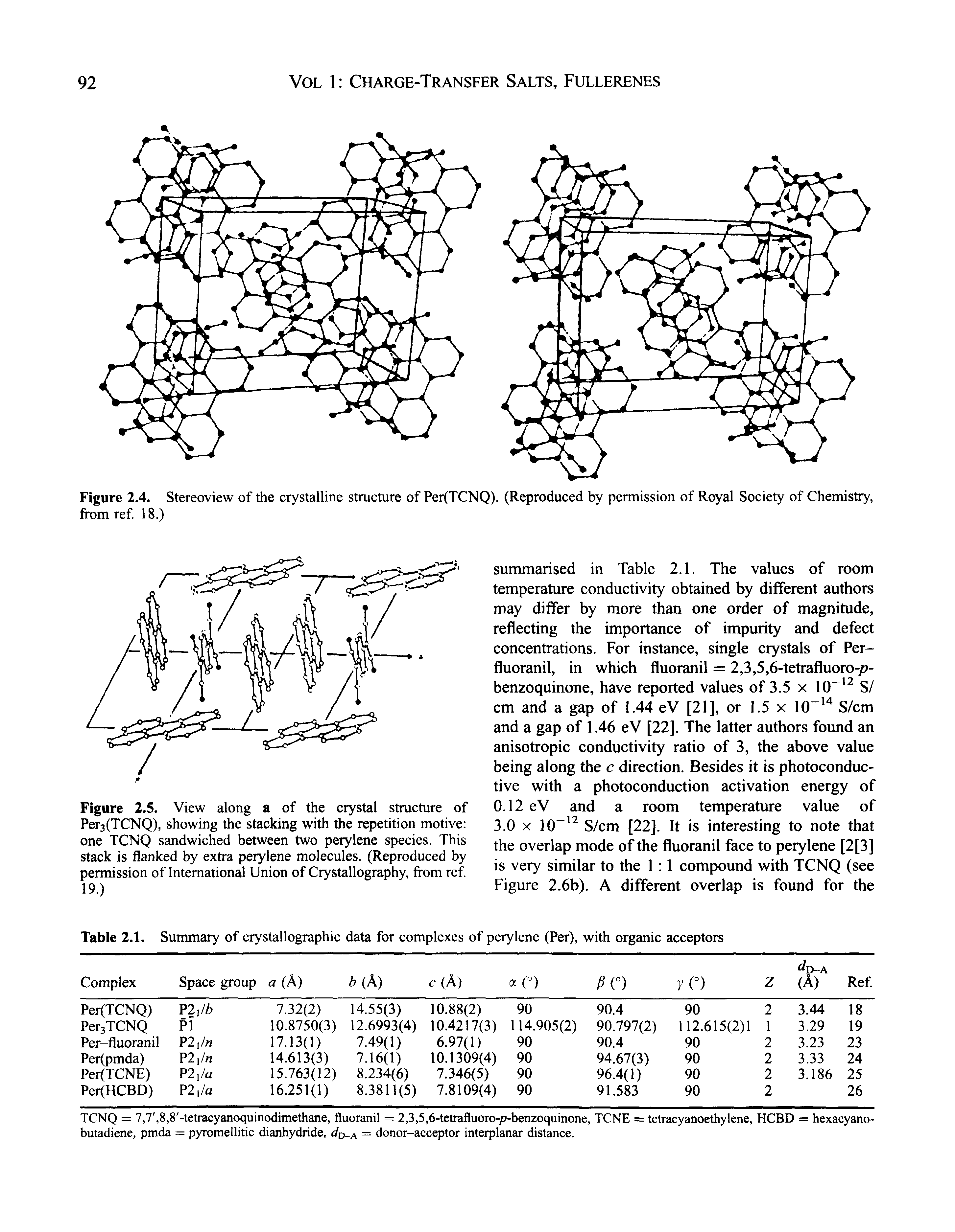 Figure 2.5. View along a of the crystal structure of Per3(TCNQ), showing the stacking with the repetition motive one TCNQ sandwiched between two perylene species. This stack is flanked by extra perylene molecules. (Reproduced by permission of International Union of Crystallography, from ref. 19.)...