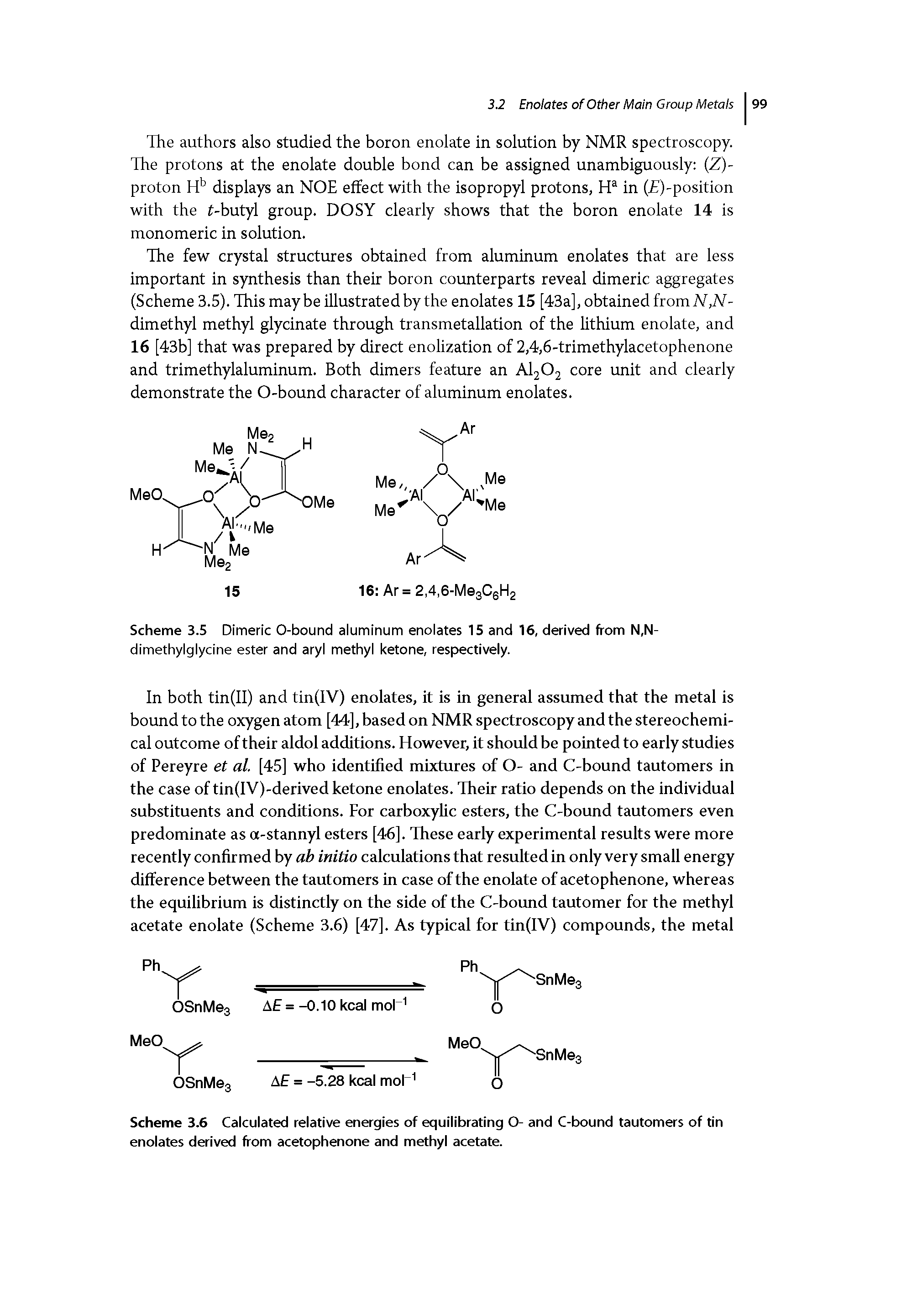 Scheme 3.6 Calculated relative energies of equilibrating O- and C-bound tautomers of tin enolates derived from acetophenone and methyl acetate.
