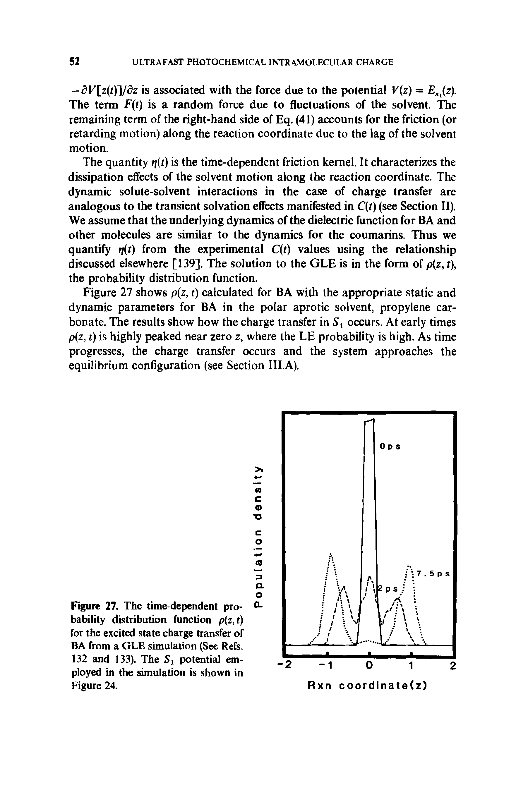 Figure 27. The time-dependent probability distribution function p(z, f) for the excited state charge transfer of BA from a GLE simulation (See Refs. 132 and 133). The 5, potential employed in the simulation is shown in Figure 24.