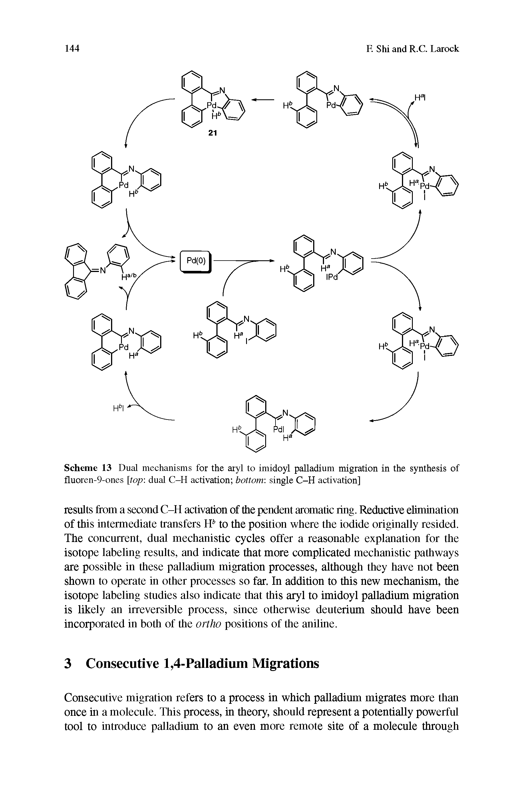 Scheme 13 Dual mechanisms for the aryl to imidoyl palladium migration in the synthesis of fluoren-9-ones [top dual C-H activation bottom single C-H activation]...