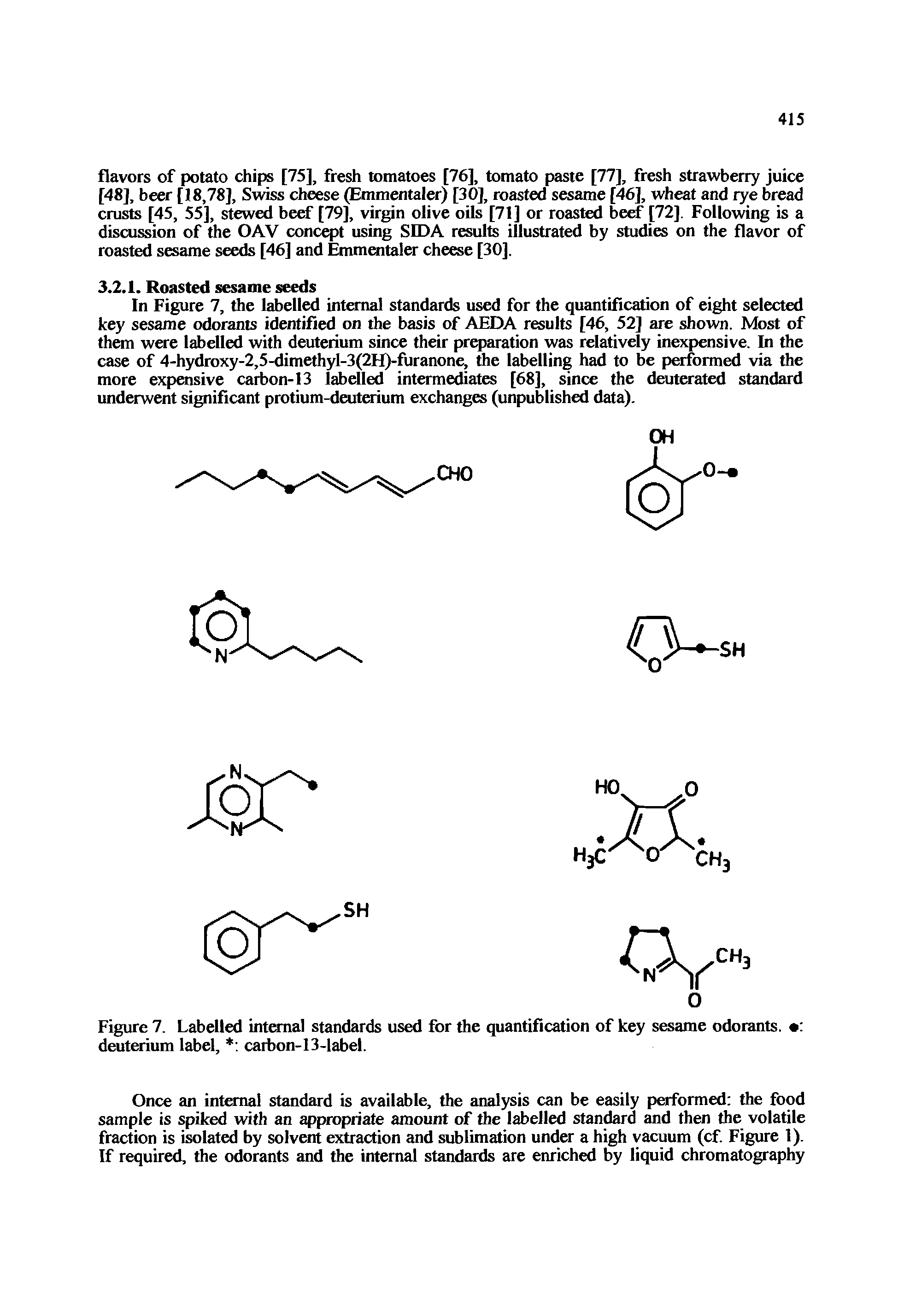 Figure 7. Labelled internal standards used for the quantification of key sesame odorants. deuterium label, carbon-13-label.