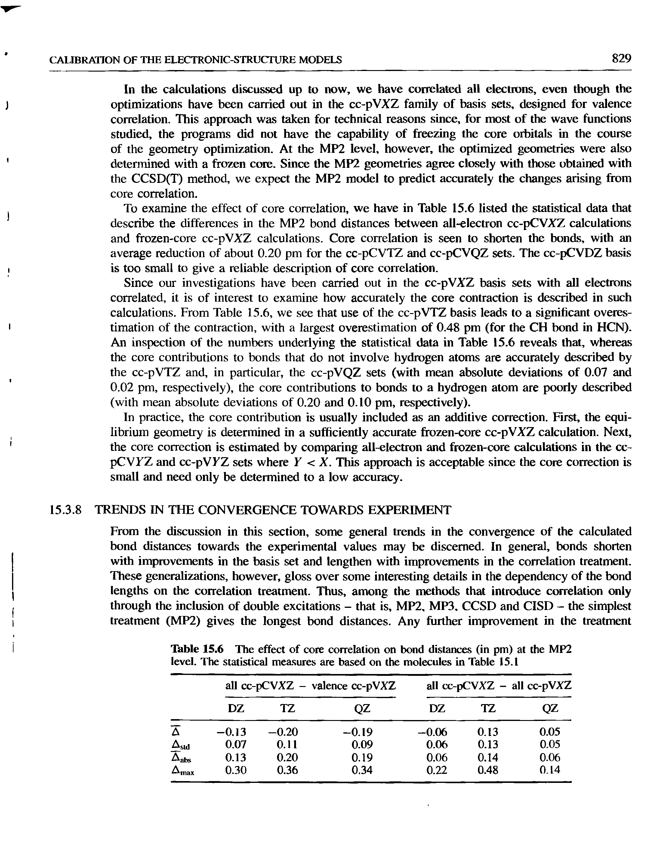 Table 15,6 The effect of core correlation on bond distances (in pm) at the MP2 level. The statistical mea.sures are based on the molecules in Table 15.1...