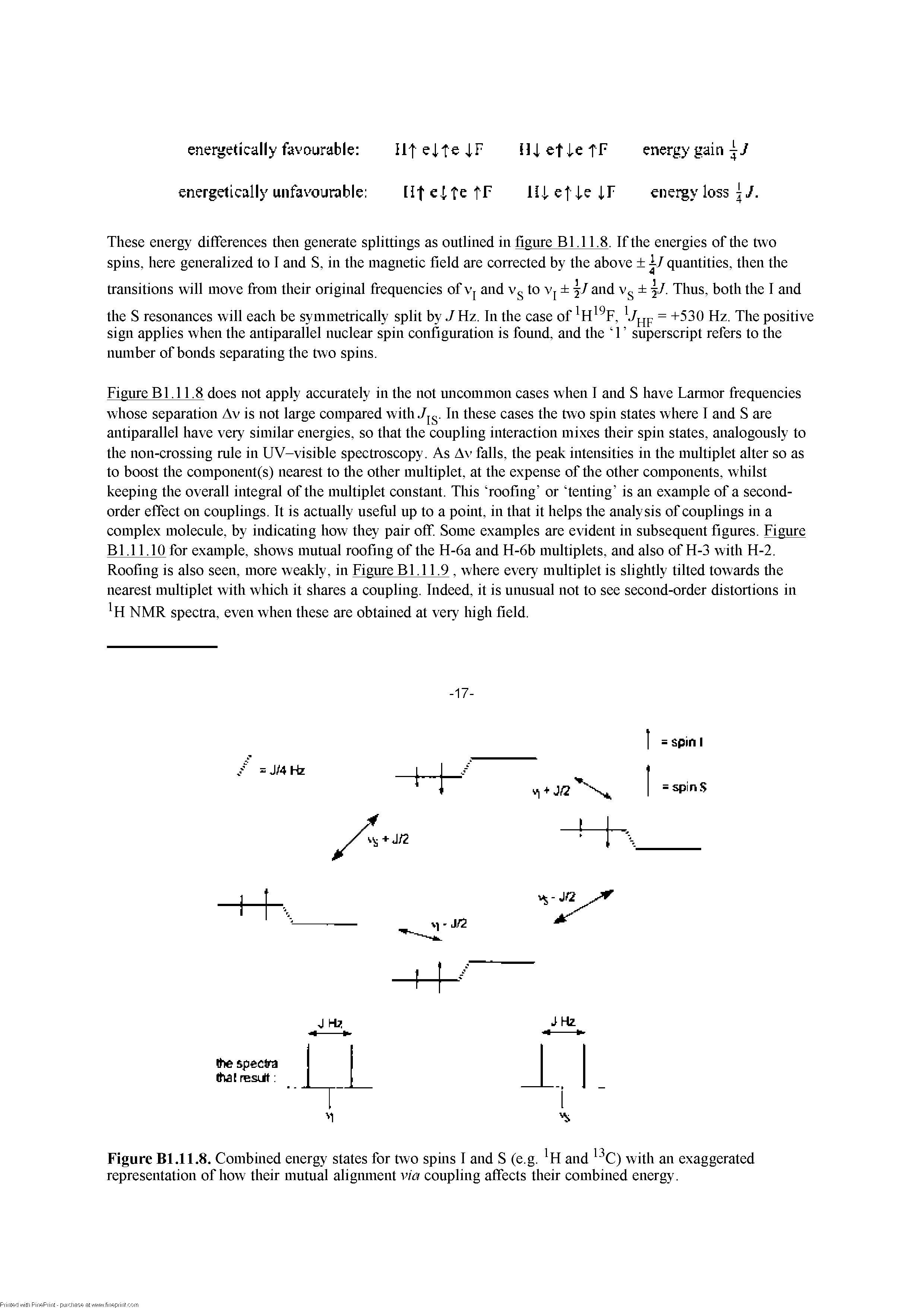 Figure Bl.11.8. Combmed energy states for two spurs I and S (e.g. FI and C) with an exaggerated representation of how their mutual aligmnent via eoupling affeets their eombined energy.