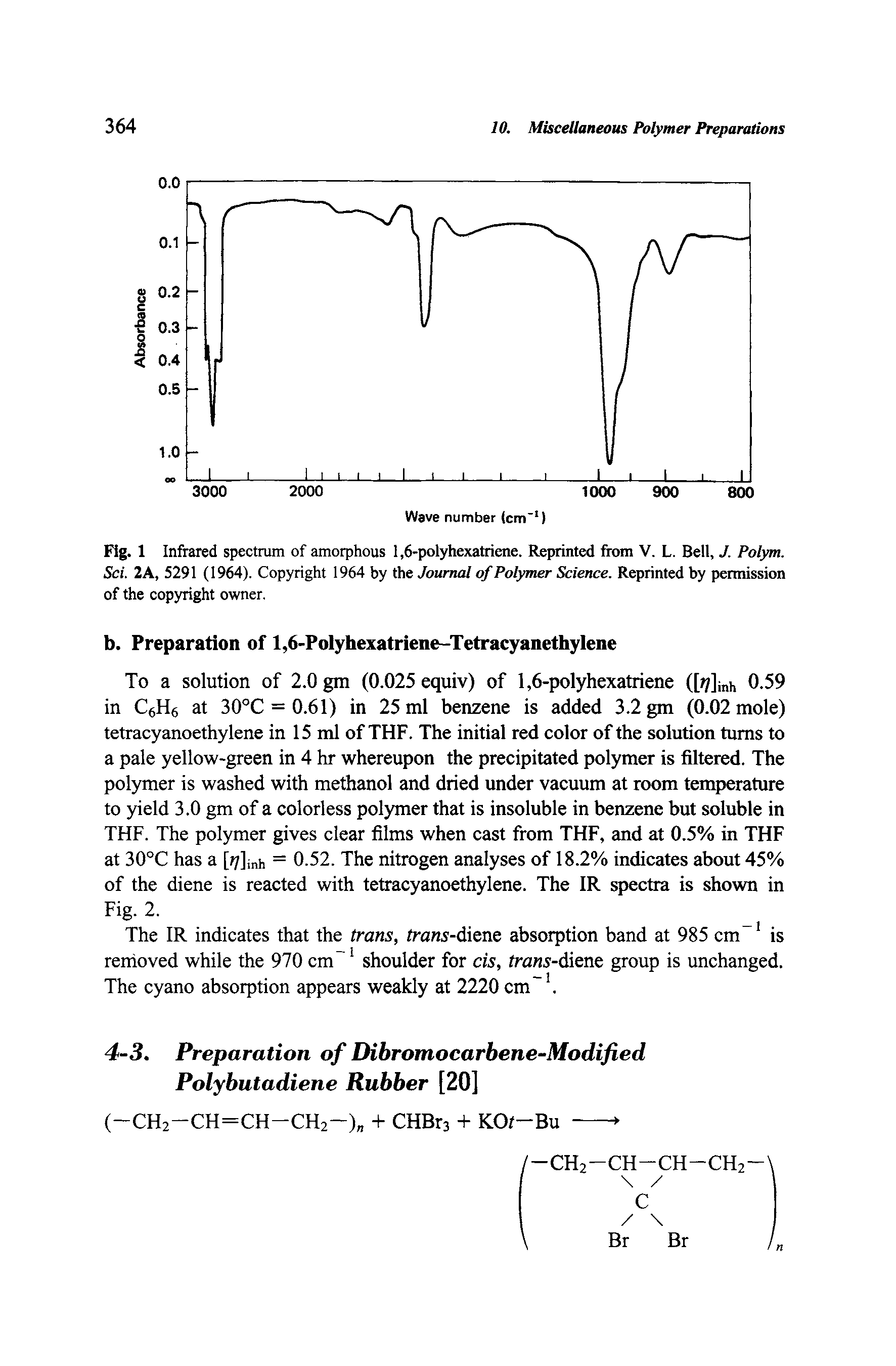 Fig. 1 Infrared spectrum of amorphous 1,6-polyhexatriene. Reprinted from V. L. Bell, J. Polym. Sci. 2A, 5291 (1964). Copyright 1964 by Oae Journal of Polymer Science. Reprinted by permission of the copyright owner,...