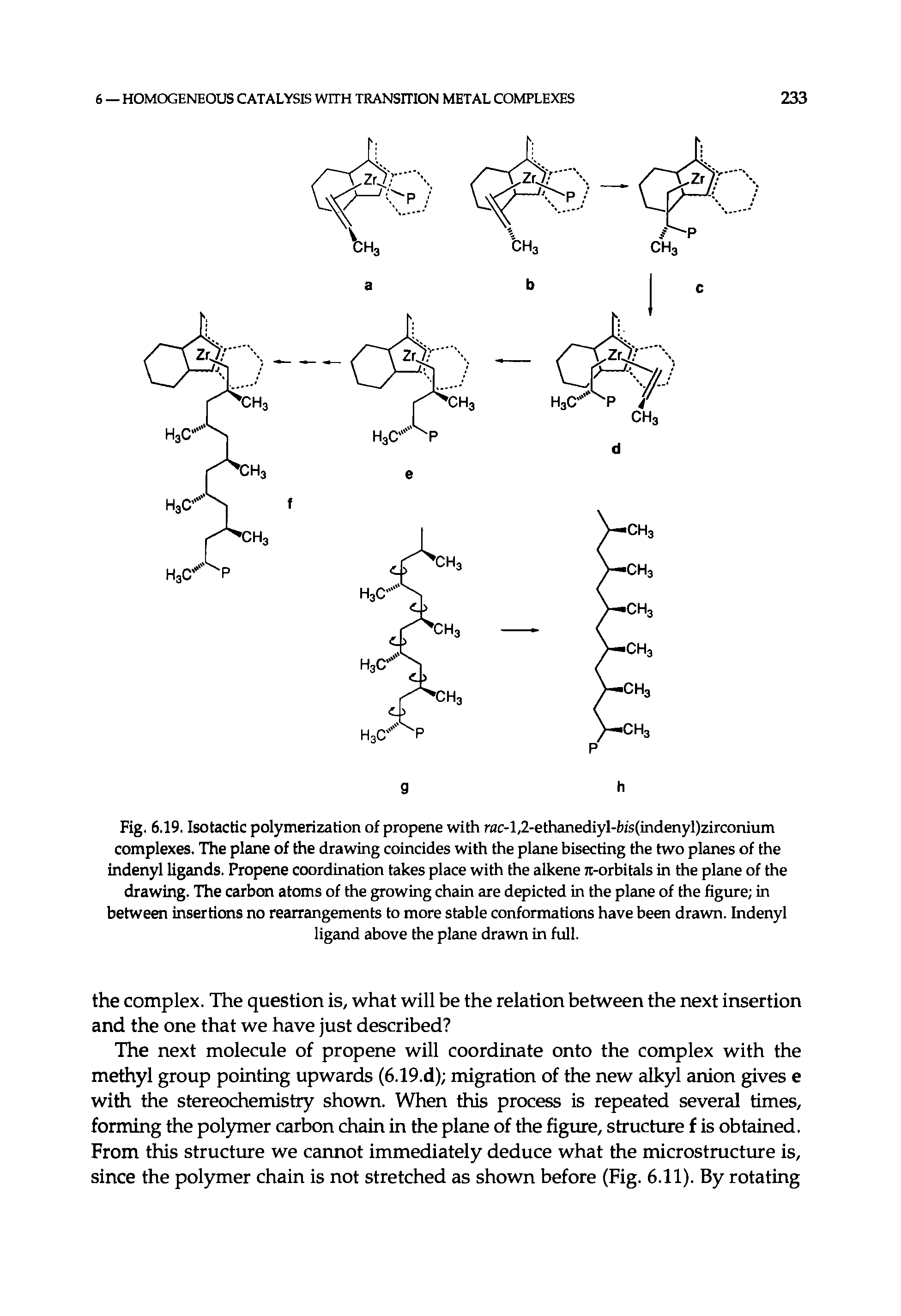 Fig. 6.19. Isotactic polymerization of propene with rac-l,2-ethanediyl-bis(indenyl)zirconium complexes. The plane of the drawing coincides with the plane bisecting the two planes of the indenyl ligands. Propene coordination takes place with the alkene Tt-orbitals in the plane of the drawing. The carbon atoms of the growing chain are depicted in the plane of the figure in between insertions no rearrangements to more stable conformations have been drawn. Indenyl ligand above the plane drawn in full.