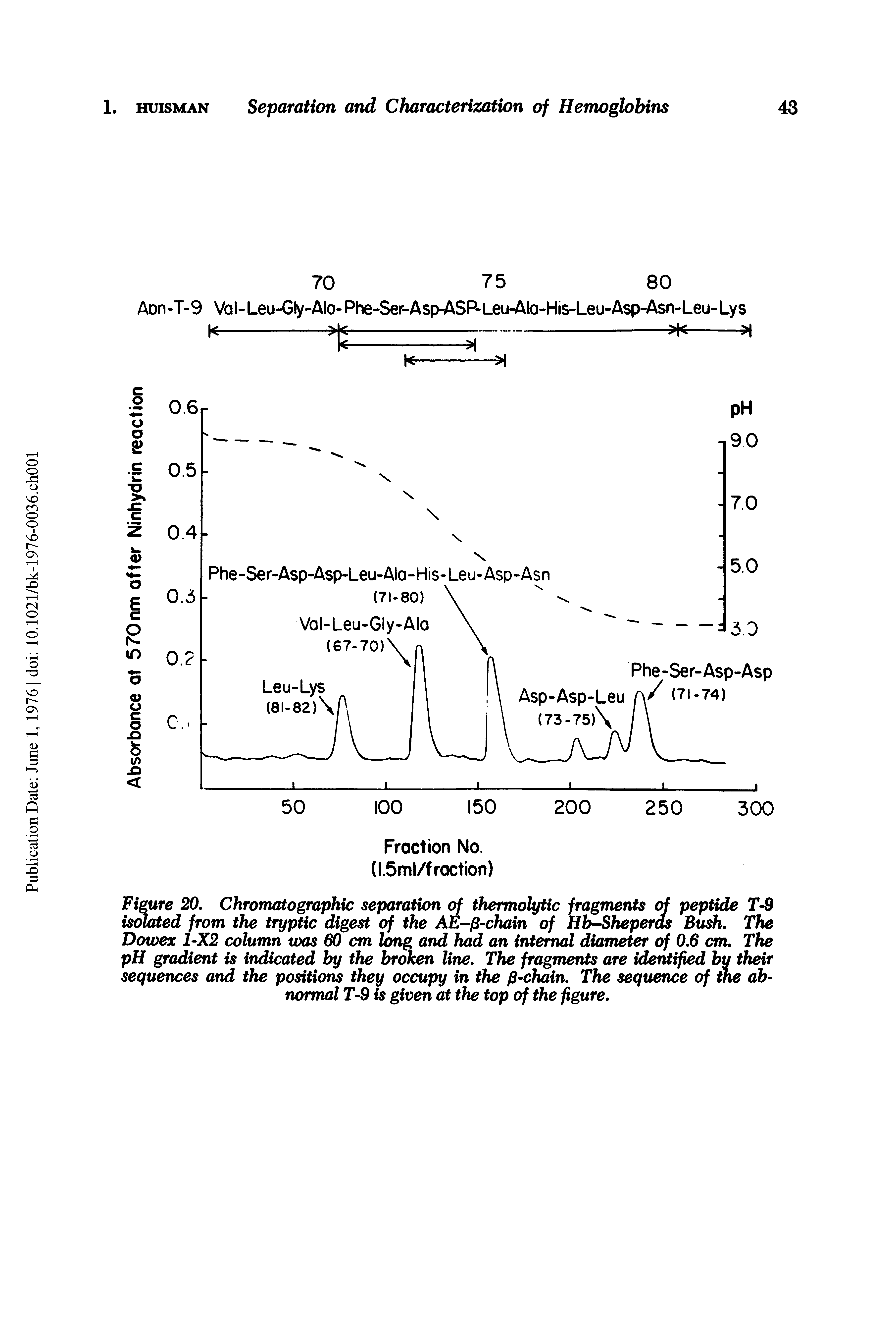 Figure 20. Chromatographic separation of thermolytic fragments of peptide T-9 isolated from the tryptic digest of the AE-p-chain of Hl Sheperds Bush. The Dowex 1-X2 column uxis 60 cm long and had an internal diameter of 0.6 cm. The pH gradient is indicated by the broken line. The fragments are identified bu their sequences and the positions they occupy in the p-chain. The sequence of the abnormal T-9 is given at the top of the figure.