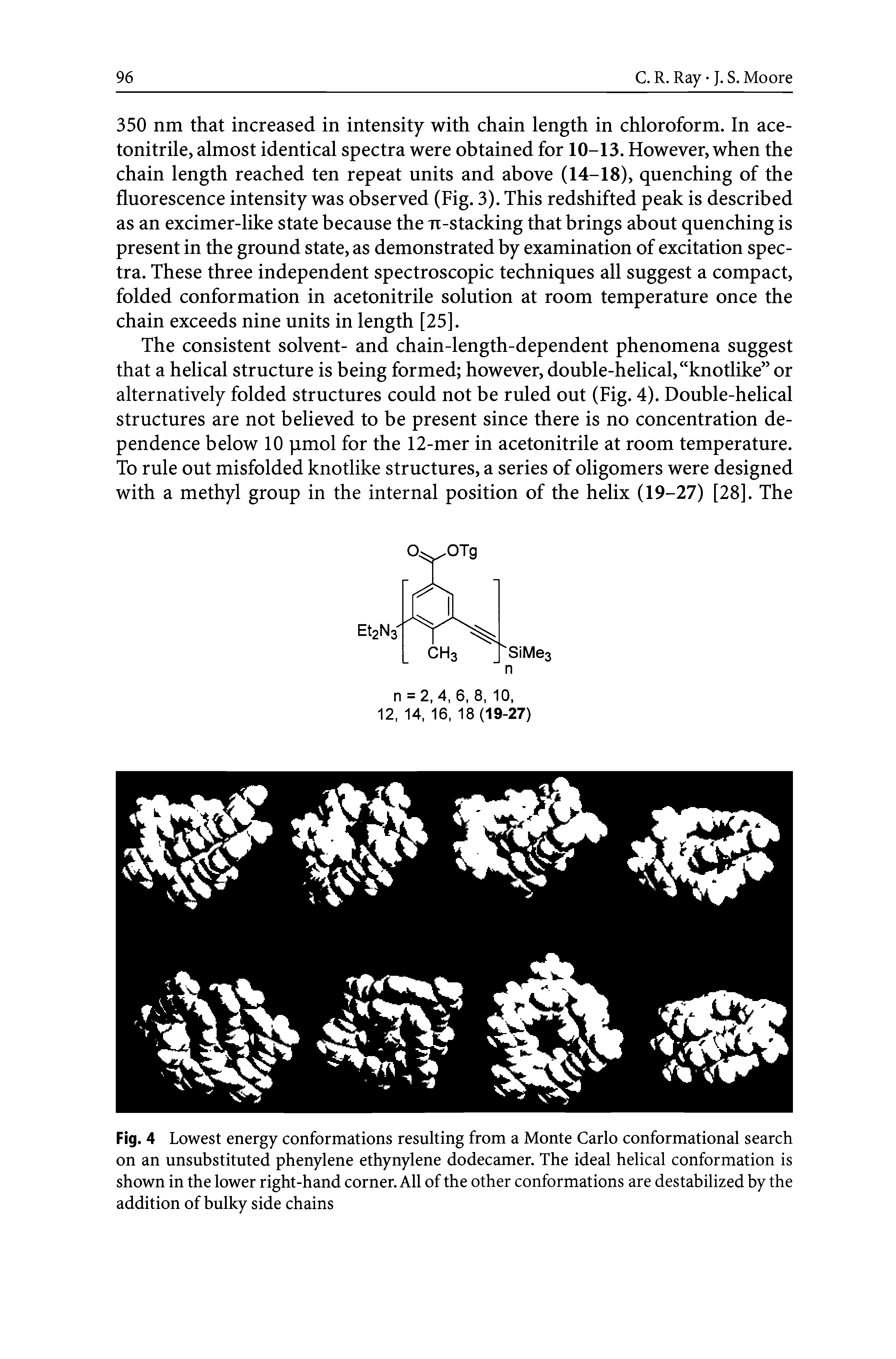 Fig. 4 Lowest energy conformations resulting from a Monte Carlo conformational search on an unsubstituted phenylene ethynylene dodecamer. The ideal helical conformation is shown in the lower right-hand corner. All of the other conformations are destabilized by the addition of bulky side chains...