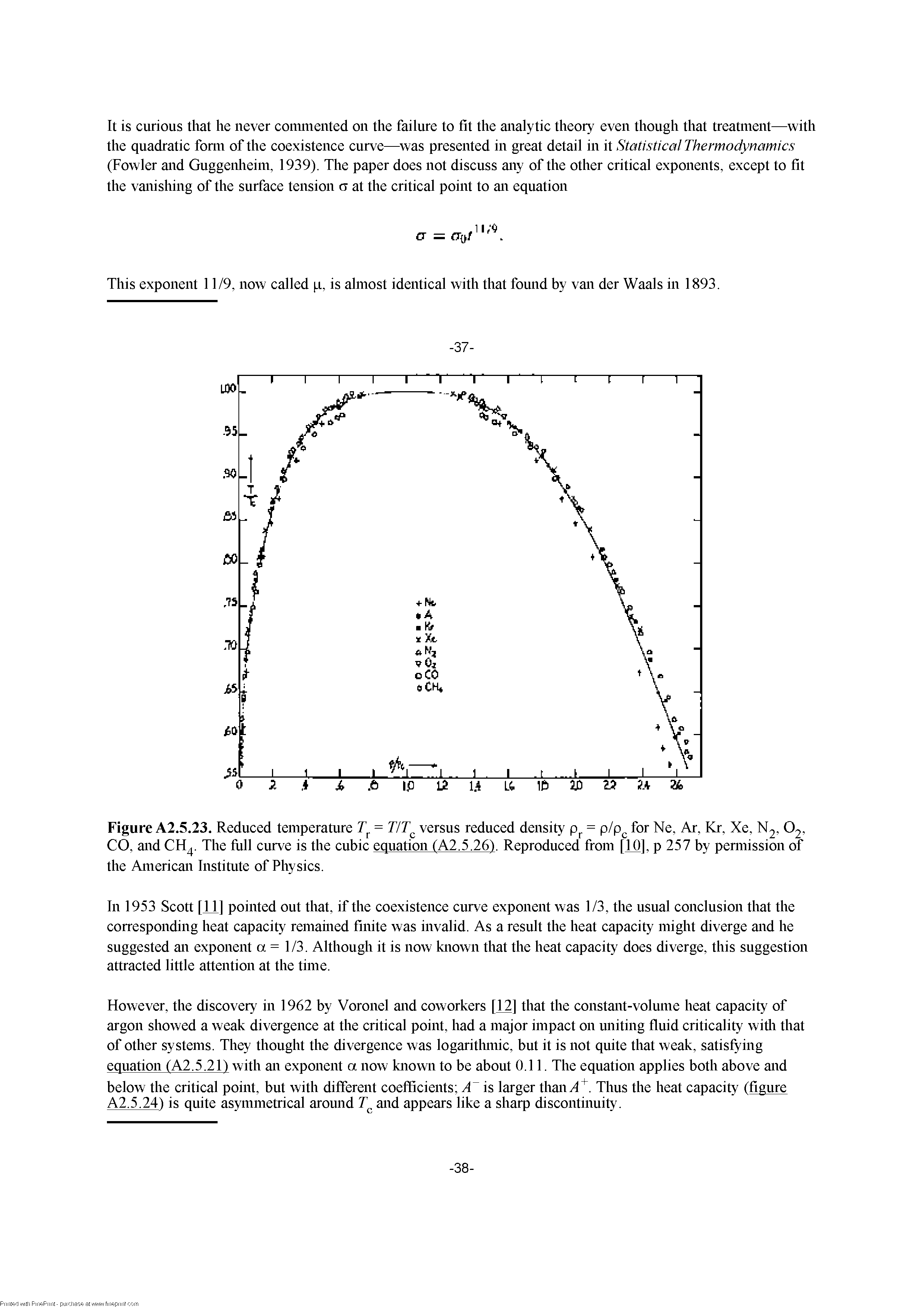 Figure A2.5.23. Reduced temperature = T/T versus reduced density p. = p/p for Ne, Ar, Kr, Xe, N2, O2, CO, and CH. The frill curve is the cubic equation (A2.5.26). Reproduced from [10], p 257 by pennission of the American Institute of Physics.