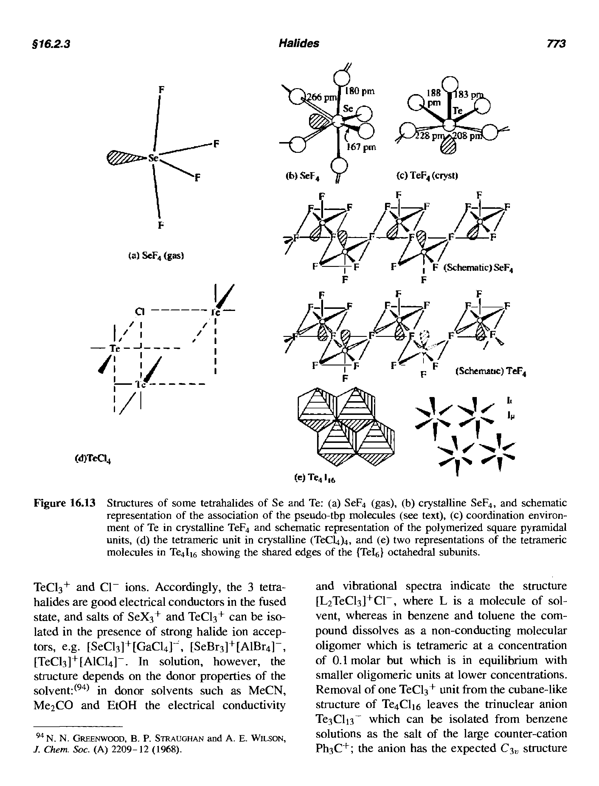 Figure 16.13 Structures of some tetrahalides of Se and Te (a) Sep4 (gas), (b) crystalline Sep4, and schematic representation of the association of the pseudo-tbp molecules (see text), (c) coordination environment of Te in crystalline Tep4 and schematic representation of the polymerized square pyramidal units, (d) the tetrameric unit in crystalline (TeCl4)4, and (e) two representations of the tetrameric molecules in Te4li6 showing the shared edges of the Telg octahedral subunits.