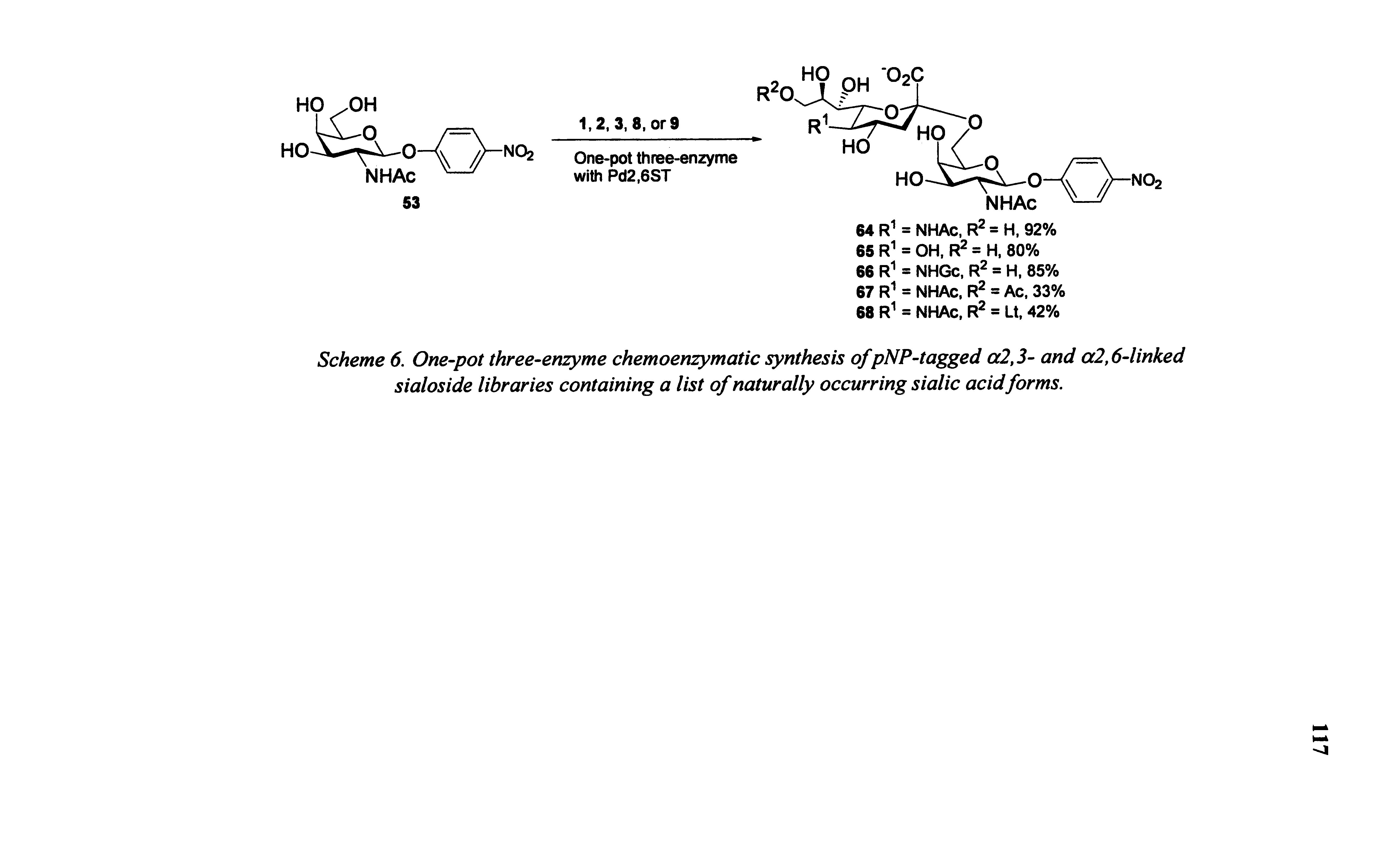 Scheme 6. One-pot three-enzyme chemoenzymatic synthesis of pNP-tagged o2,3- and a2,6-linked sialoside libraries containing a list of naturally occurring sialic acidforms.