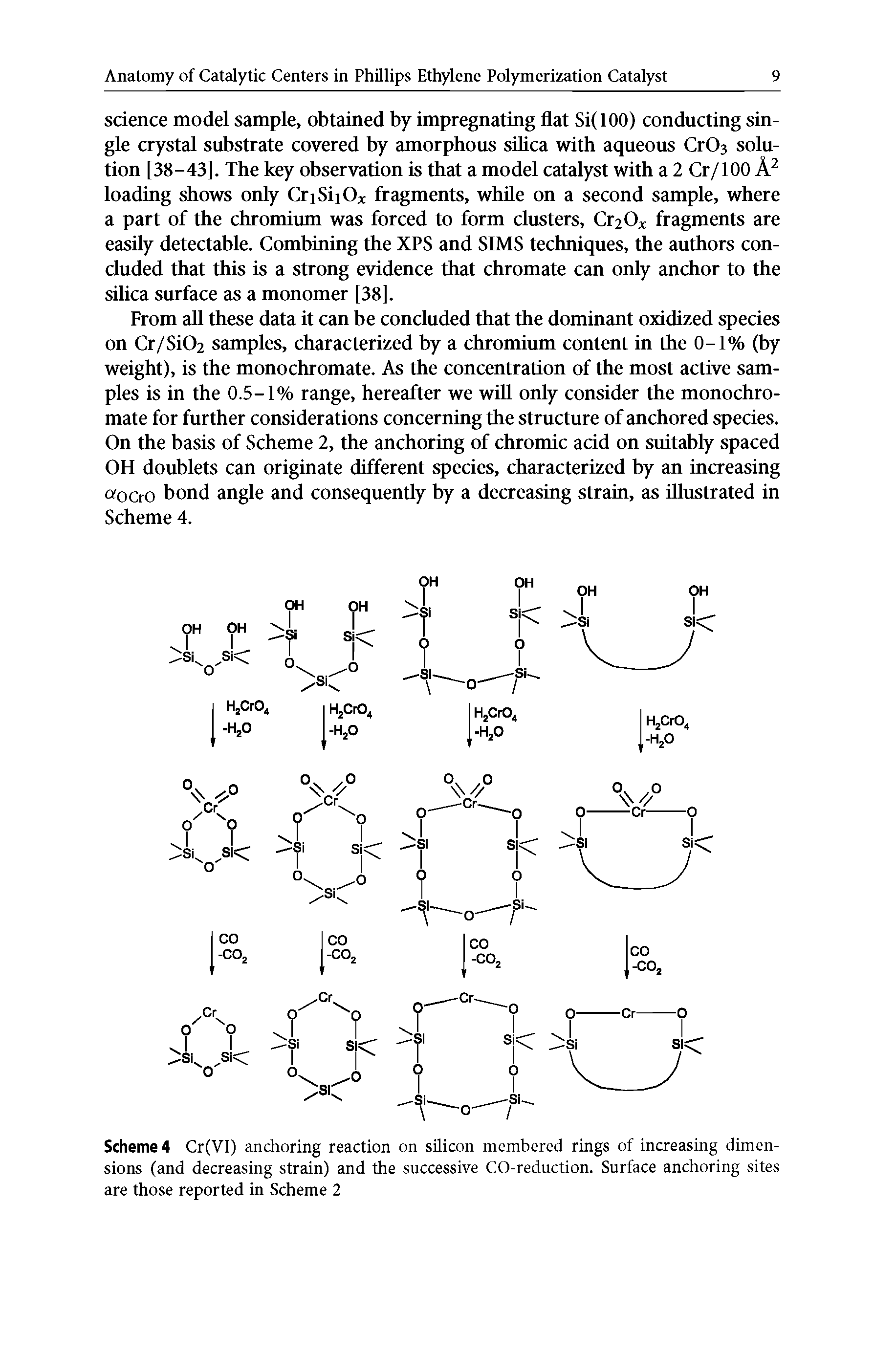Scheme 4 Cr(VI) anchoring reaction on silicon membered rings of increasing dimensions (and decreasing strain) and the successive CO-reduction. Surface anchoring sites are those reported in Scheme 2...