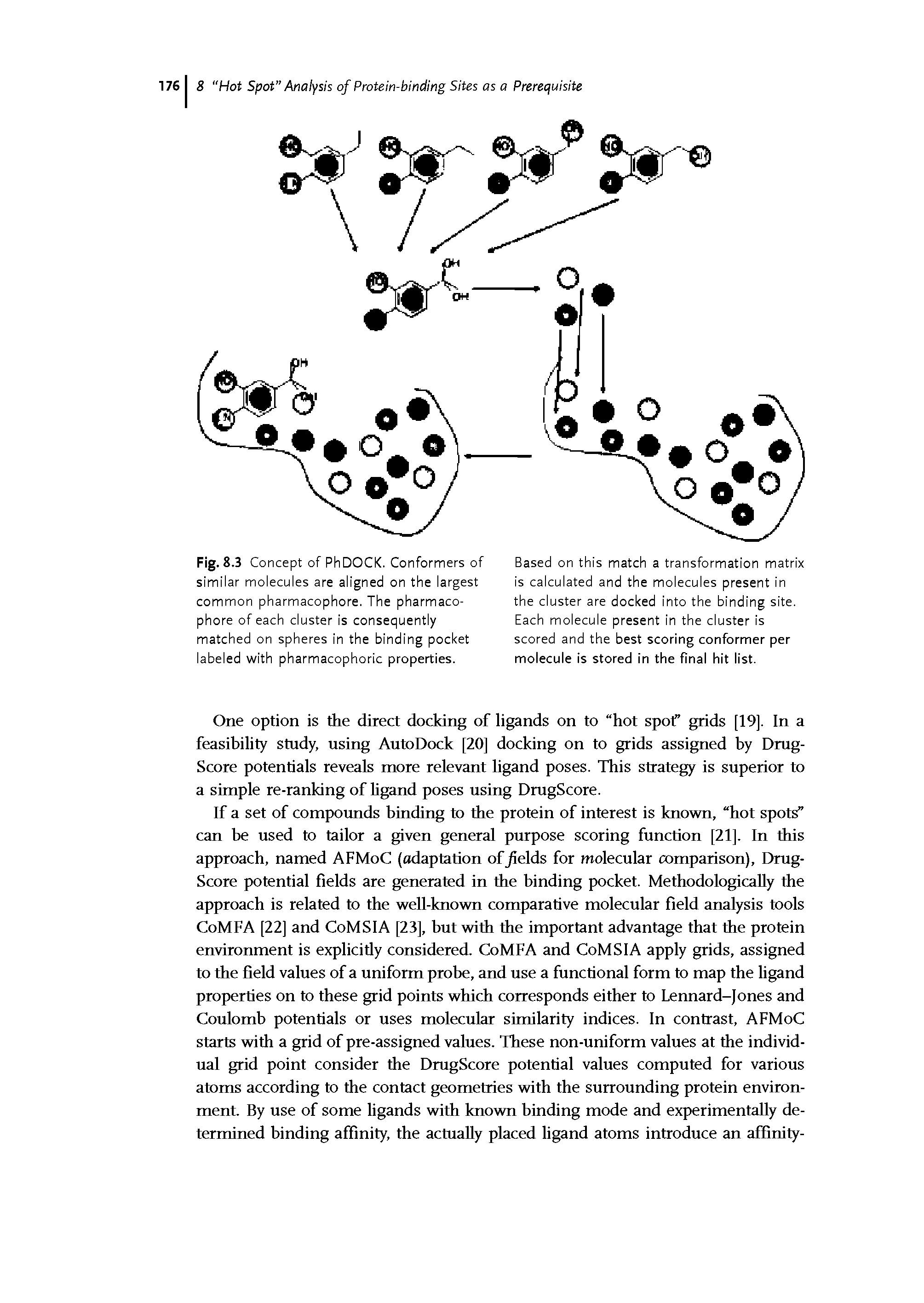 Fig. 8.3 Concept of PhDOCK. Conformers of similar molecules are aligned on the largest common pharmacophore. The pharmacophore of each cluster is consequently matched on spheres in the binding pocket labeled with pharmacophoric properties.