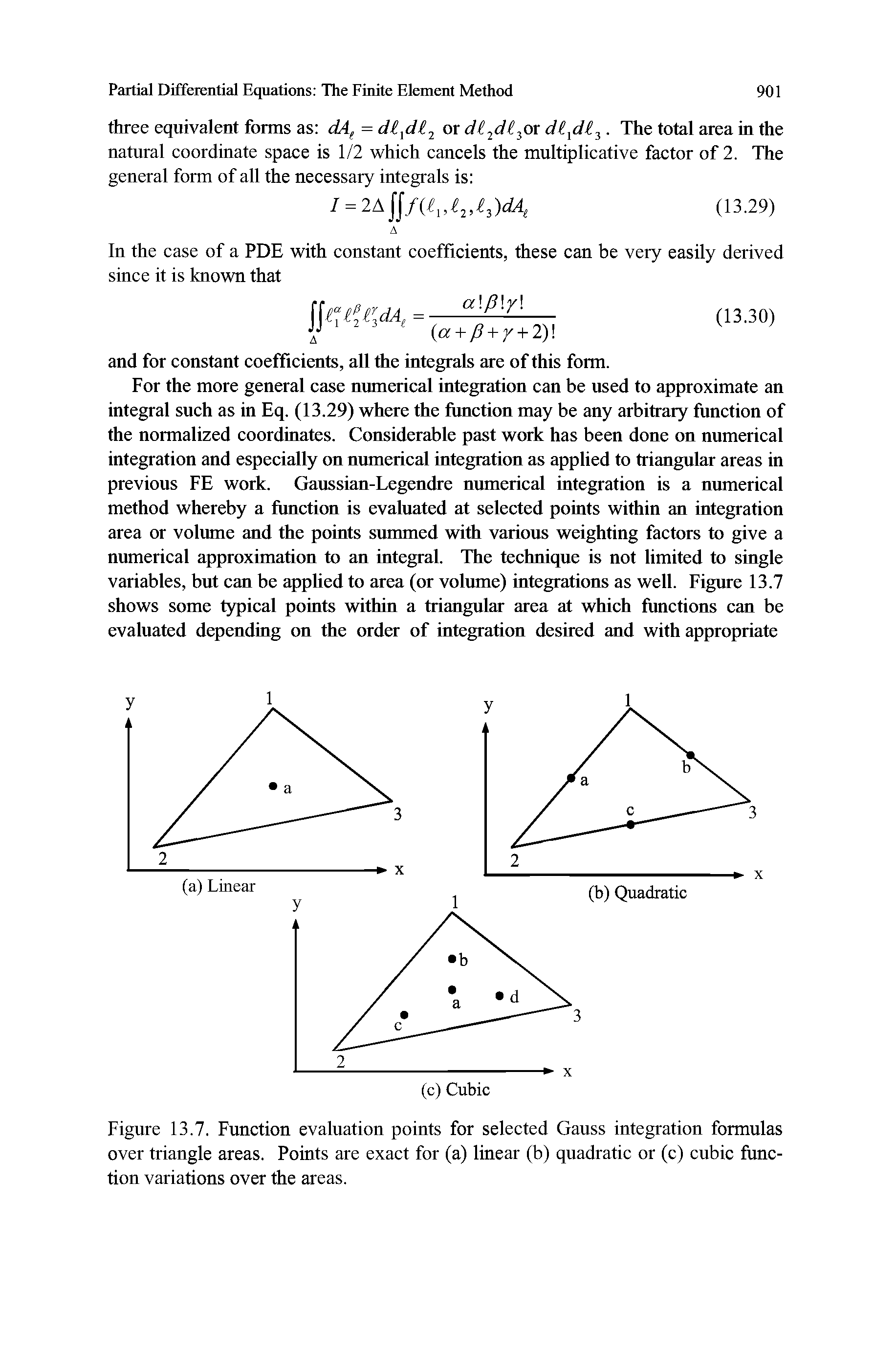 Figure 13.7. Function evaluation points for selected Gauss integration formulas over triangle areas. Points are exact for (a) linear (b) quadratic or (c) cubic function variations over the areas.