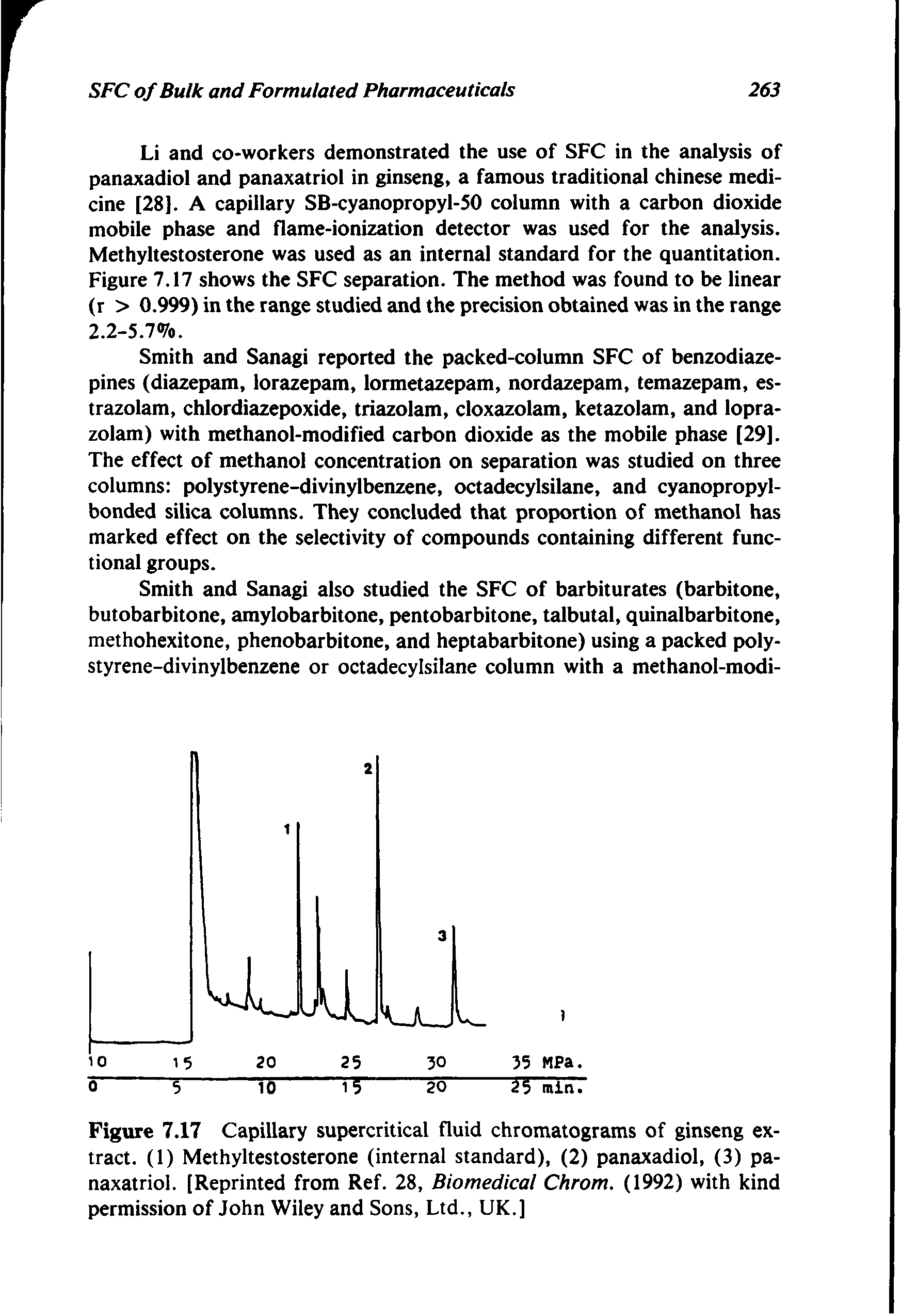 Figure 7.17 Capillary supercritical fluid chromatograms of ginseng extract. (1) Methyltestosterone (internal standard), (2) panaxadiol, (3) panaxatriol. [Reprinted from Ref. 28, Biomedical Chrom. (1992) with kind permission of John Wiley and Sons, Ltd., UK.]...