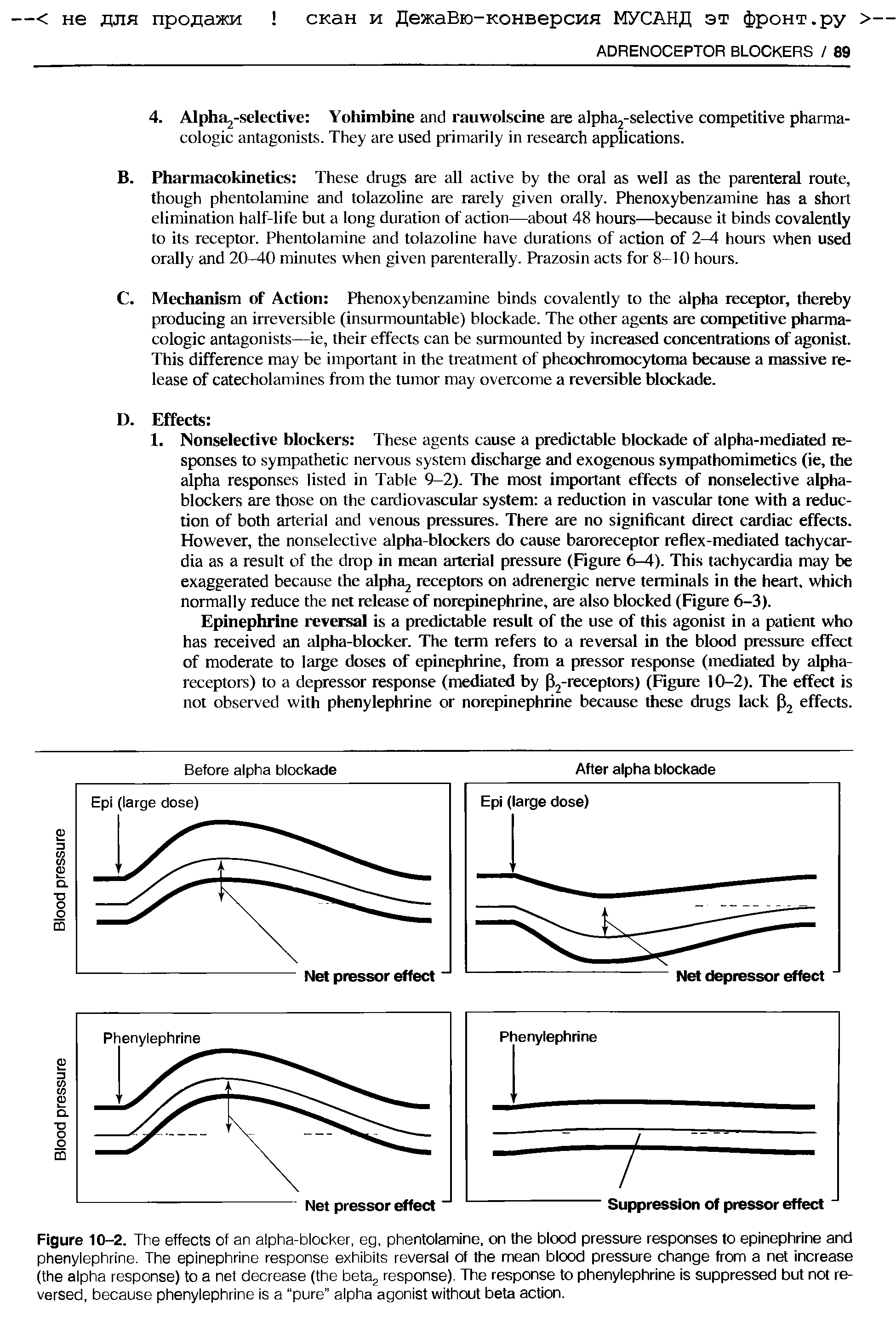 Figure 10-2. The effects of an alpha-blocker, eg, phentolamine, on the blood pressure responses to epinephrine and phenylephrine. The epinephrine response exhibits reversal of the mean blood pressure change from a net increase (the alpha response) to a net decrease (the beta response). The response to phenylephrine is suppressed but not reversed, because phenylephrine is a pure" alpha agonist without beta action.