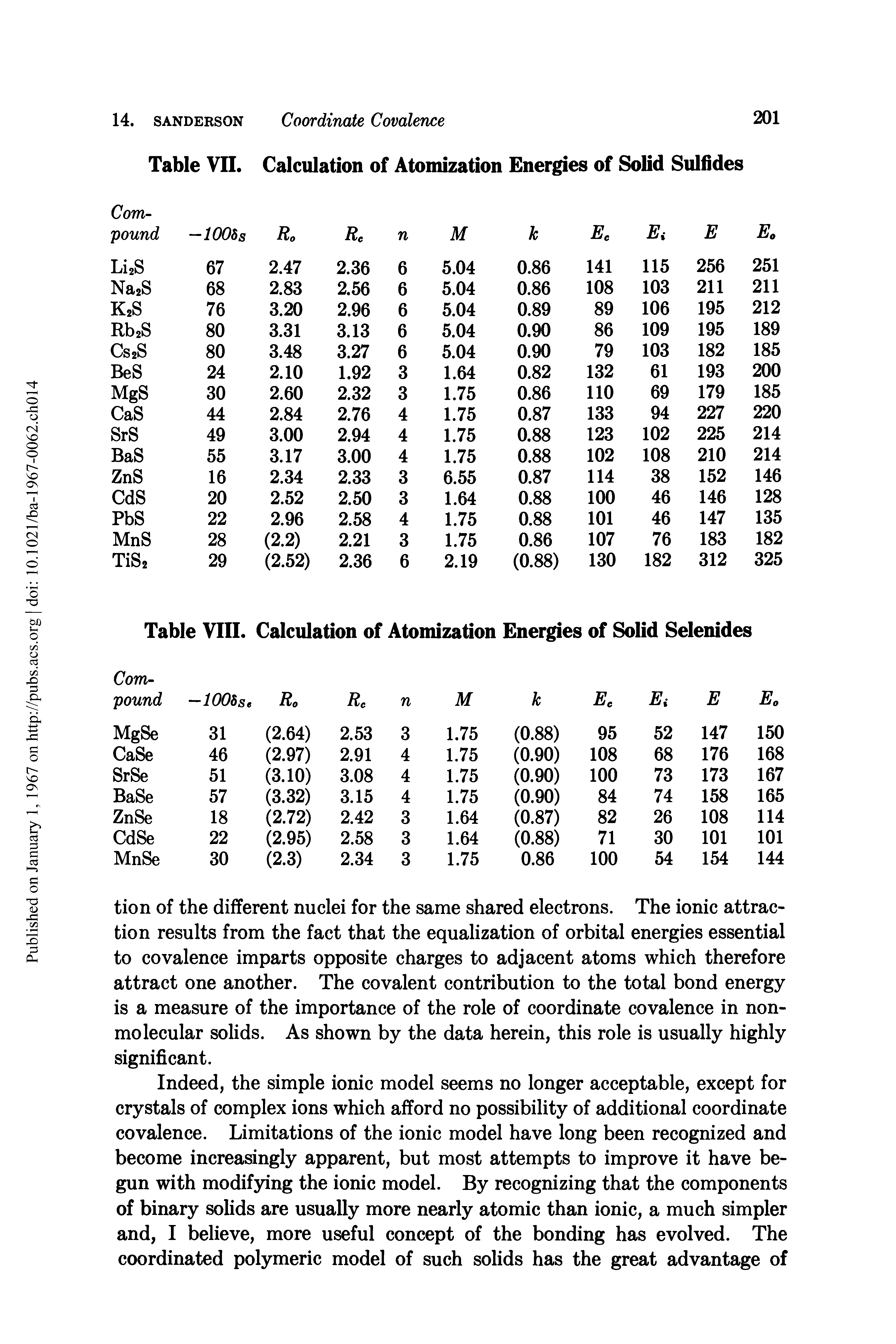 Table VIII. Calculation of Atomization Energies of Solid Selenides...