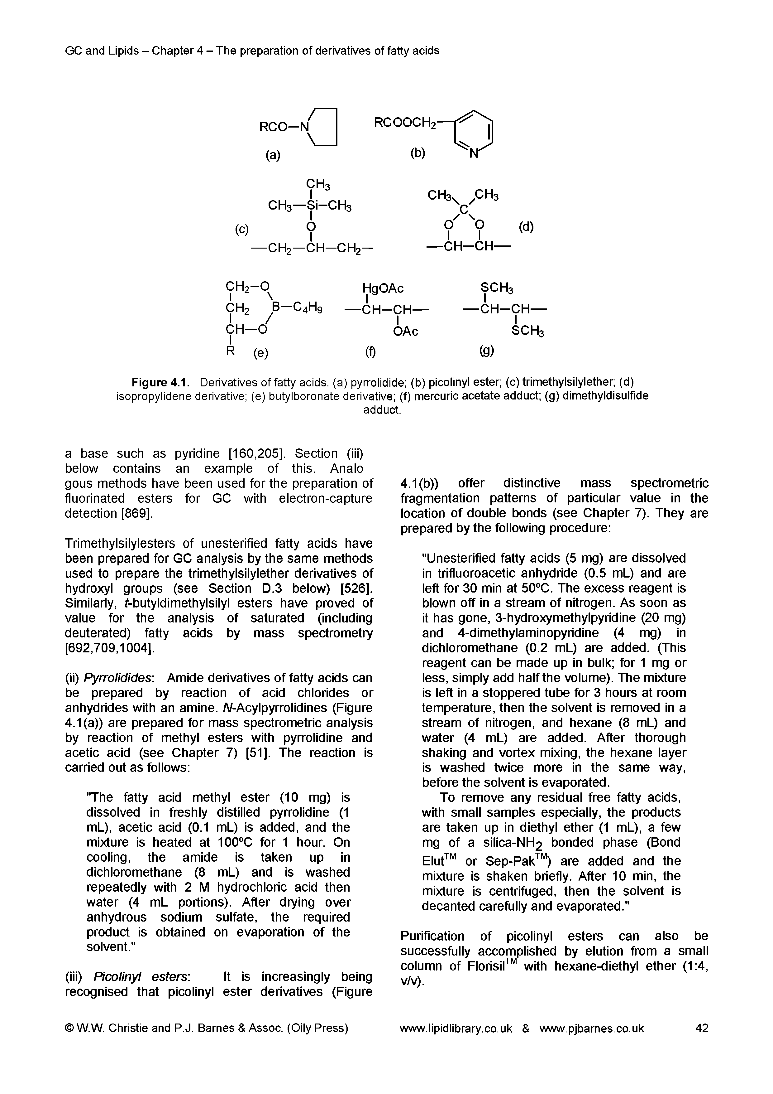 Figure 4.1. Derivatives of fatty acids, (a) pyrrolidide (b) picolinyl ester (c) trimethylsilylether (d) isopropylidene derivative (e) butylboronate derivative (f) mercuric acetate adduct (g) dimethyidisulfide...