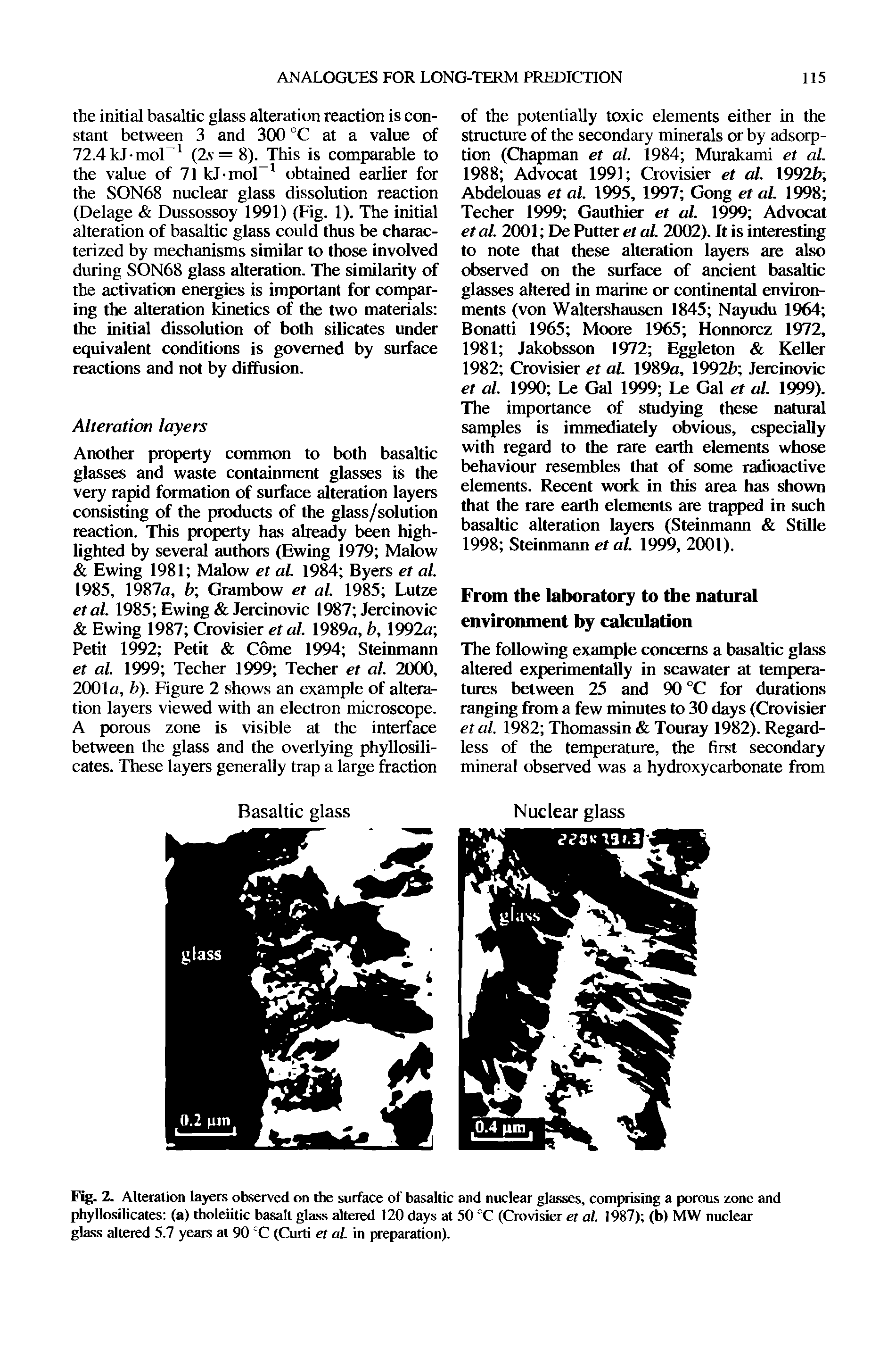 Fig. 2. Alteration layers observed on the surface of basaltic and nuclear glasses, comprising a porous zone and phyllosilicates (a) tholeiitic basalt glass altered 120 days at 50 C (Crovisier et al. 1987) (b) MW nuclear glass altered 5.7 years at 90 CC (Curti et al. in preparation).