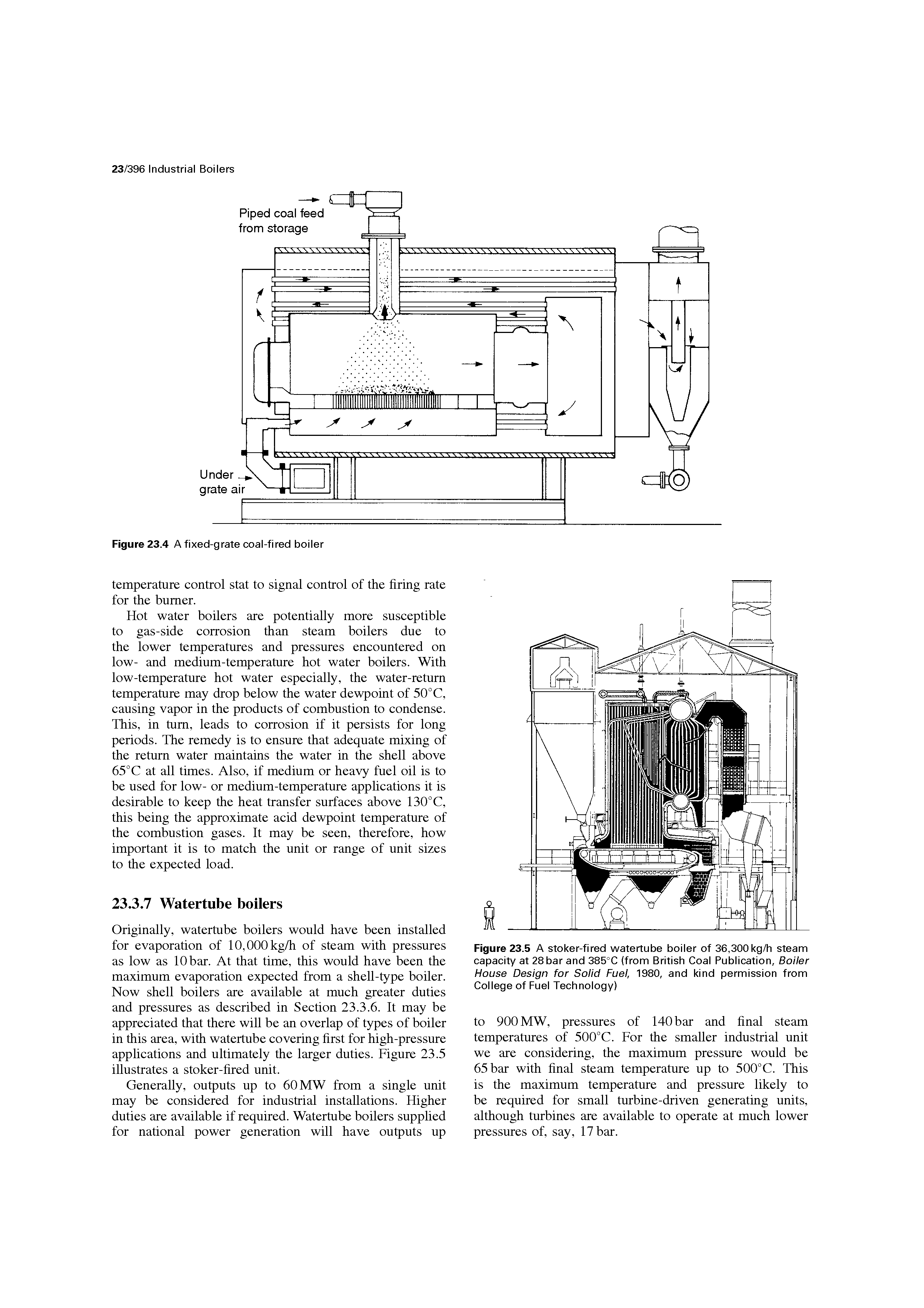 Figure 23.5 A stoker-fired watertube boiler of 36,300 kg/h steam capacity at 28 bar and 385°C (from British Coal Publication, Boiler House Design for Solid Fuel, 1980, and kind permission from College of Fuel Technology)...