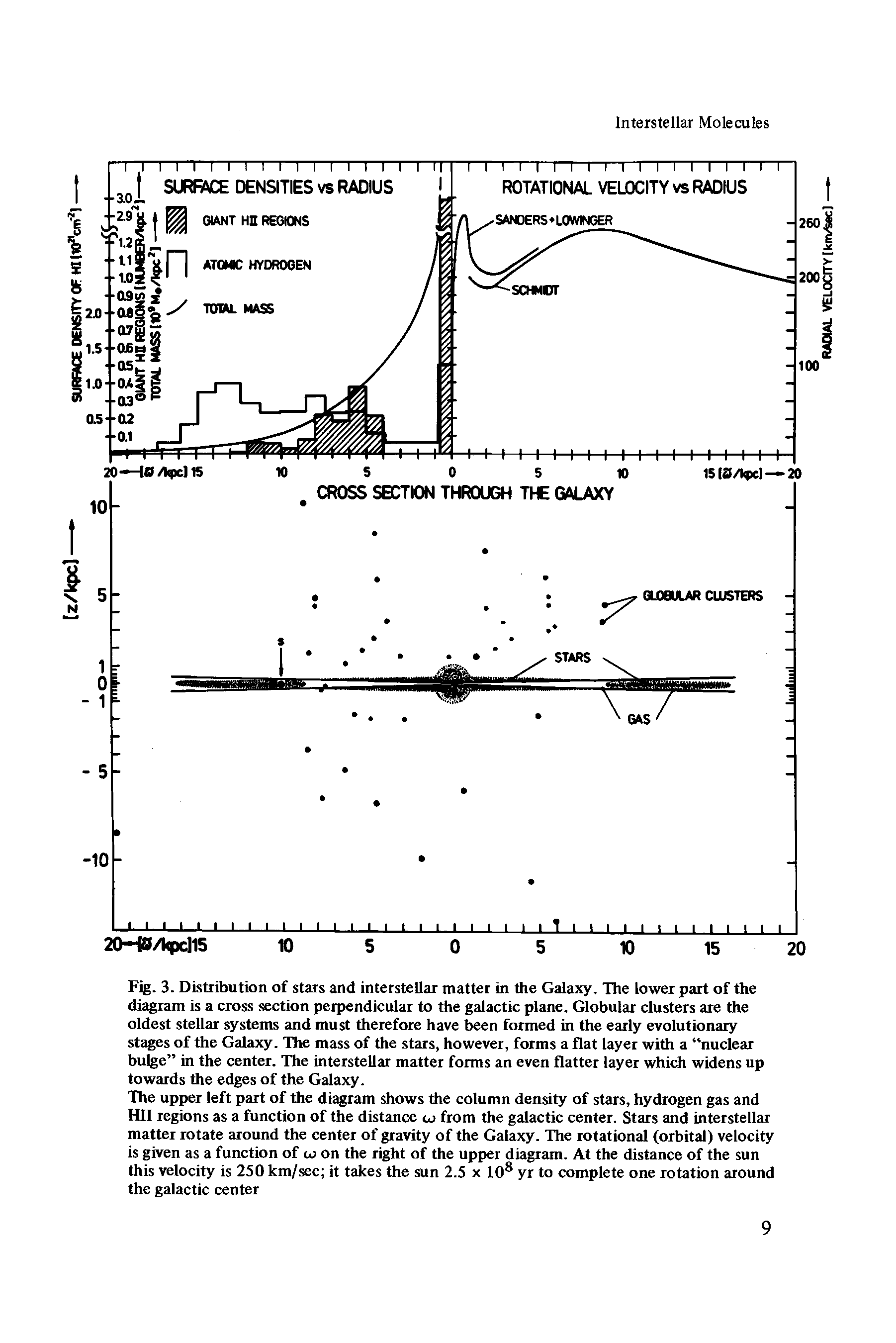 Fig. 3. Distribution of stars and interstellar matter in the Galaxy. The lower part of the diagram is a cross section perpendicular to the galactic plane. Globular clusters are the oldest stellar systems and must therefore have been formed in the early evolutionary stages of the Galaxy. The mass of the stars, however, forms a flat layer with a nuclear bulge in the center. The interstellar matter forms an even flatter layer which widens up towards the edges of the Galaxy.