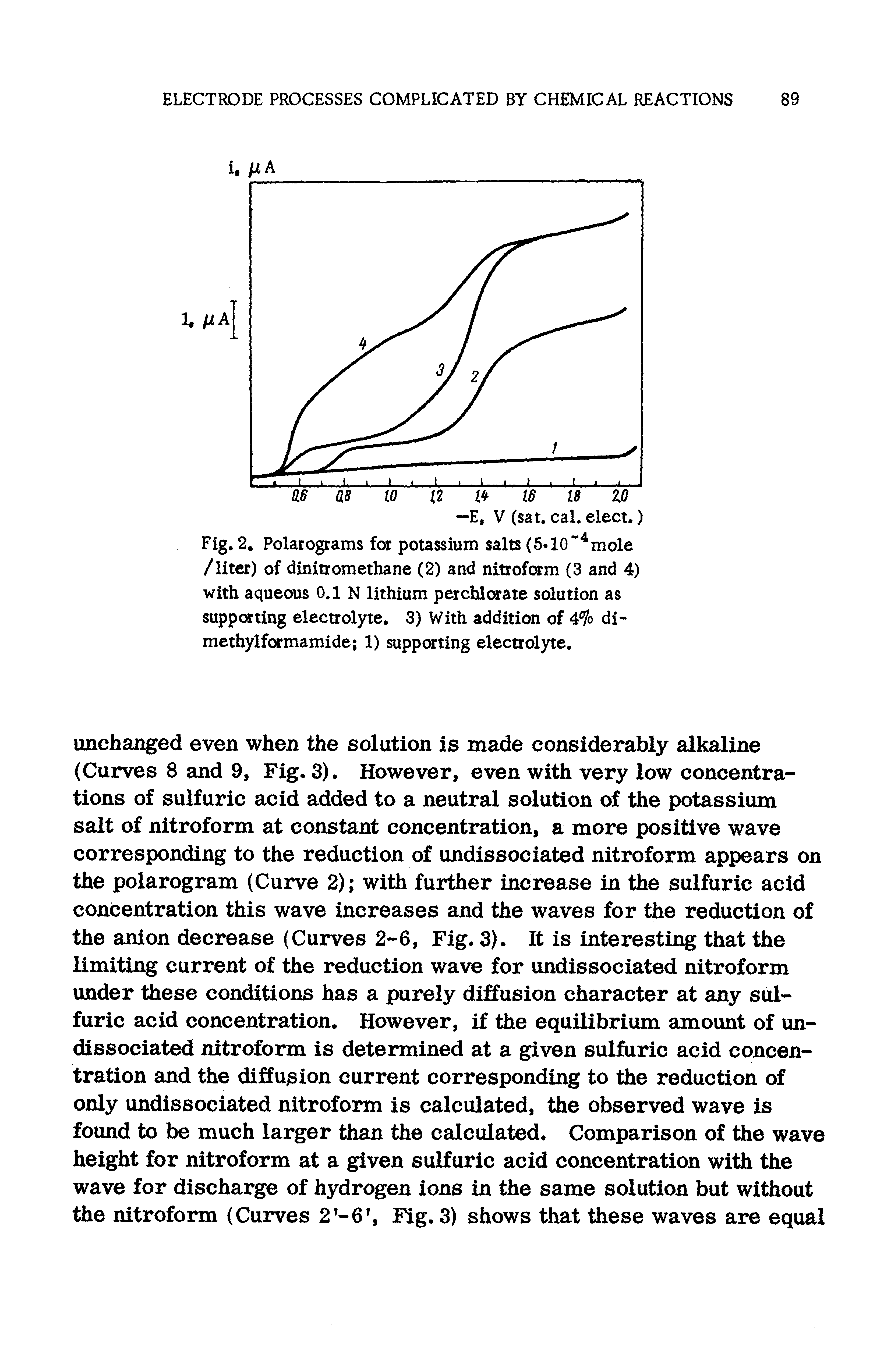 Fig. 2, Polarogtams fot potassium salts (5 10" mole /liter) of dinitiomethane (2) and nltrofcvm (3 and 4) with aqueous 0.1 N lithium perchlorate solution as suppcsting electrolyte. 3) With addition of di-methylfamamide 1) supporting electrol3rte.