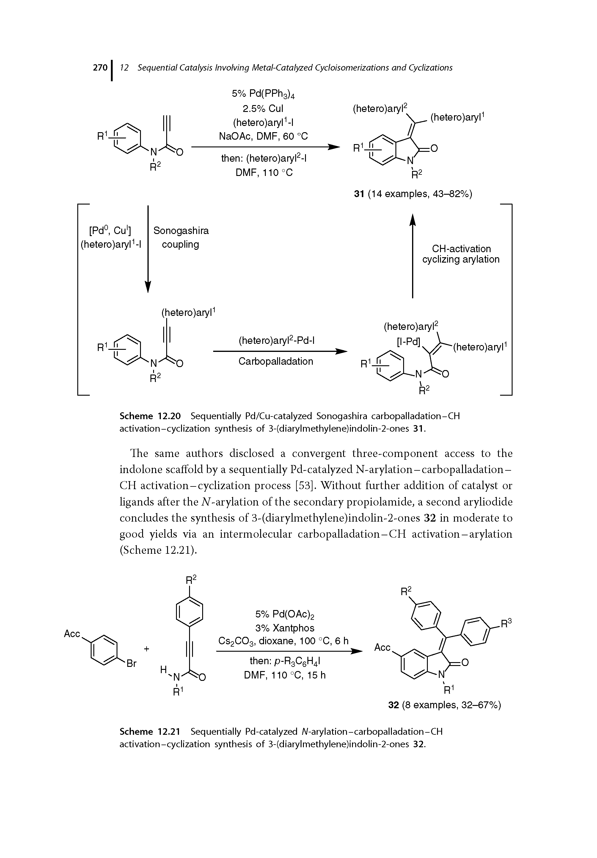 Scheme 12.20 Sequentially Pd/Cu-catalyzed Sonogashira carbopalladation-CH activation-cyclization synthesis of 3-(diarylmethylene)indolin-2-ones 31.