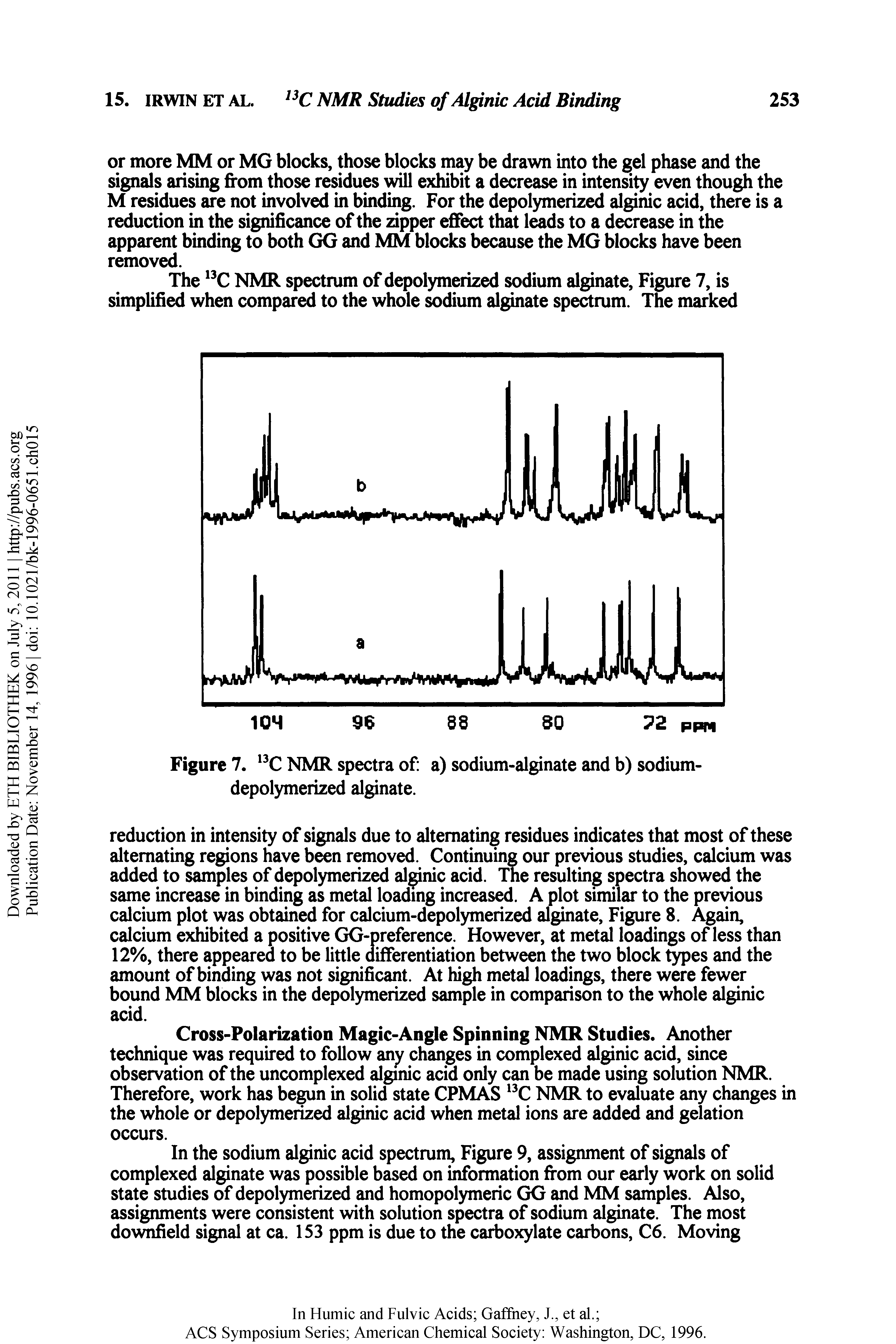 Figure 7. NMR spectra of a) sodium-alginate and b) sodium-depolymerized alginate.