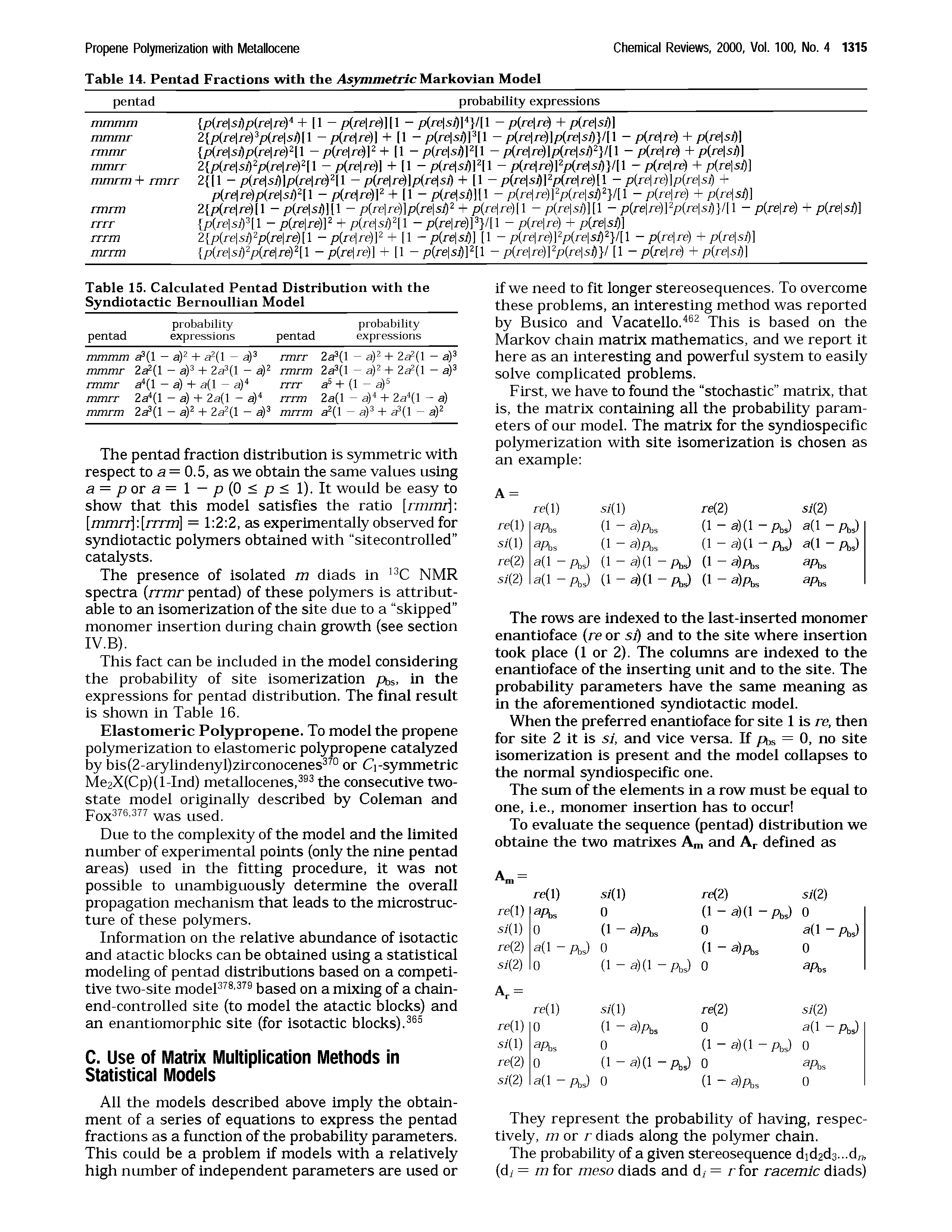 Table 15. Calculated Pentad Distribution with the Syndiotactic Bernoullian Model...