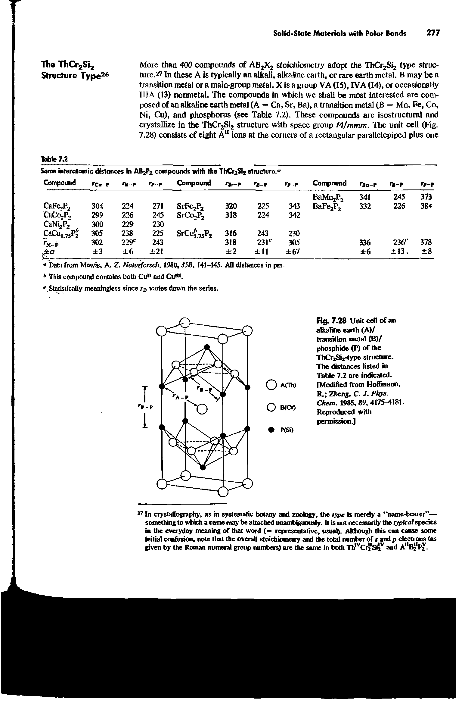 Fig. 7.28 Unit ceO of an alkaline earth (A)/ transition meial (B)/ phosphide (P) of the ThCr2 i2-type structure. The distances listed in Table 7.2 are indicated. [Modified from Hoffmann, R. Zheng, C. J. Phys. Chem. 1985,89t 4175-4181. Reproduced with permission.]...