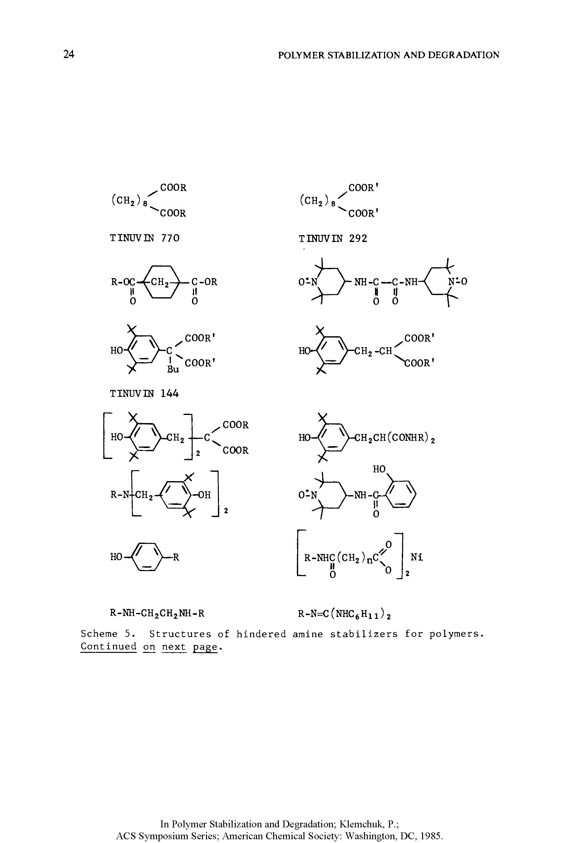 Scheme 5. Structures of hindered amine stabilizers for polymers. Continued on next page.