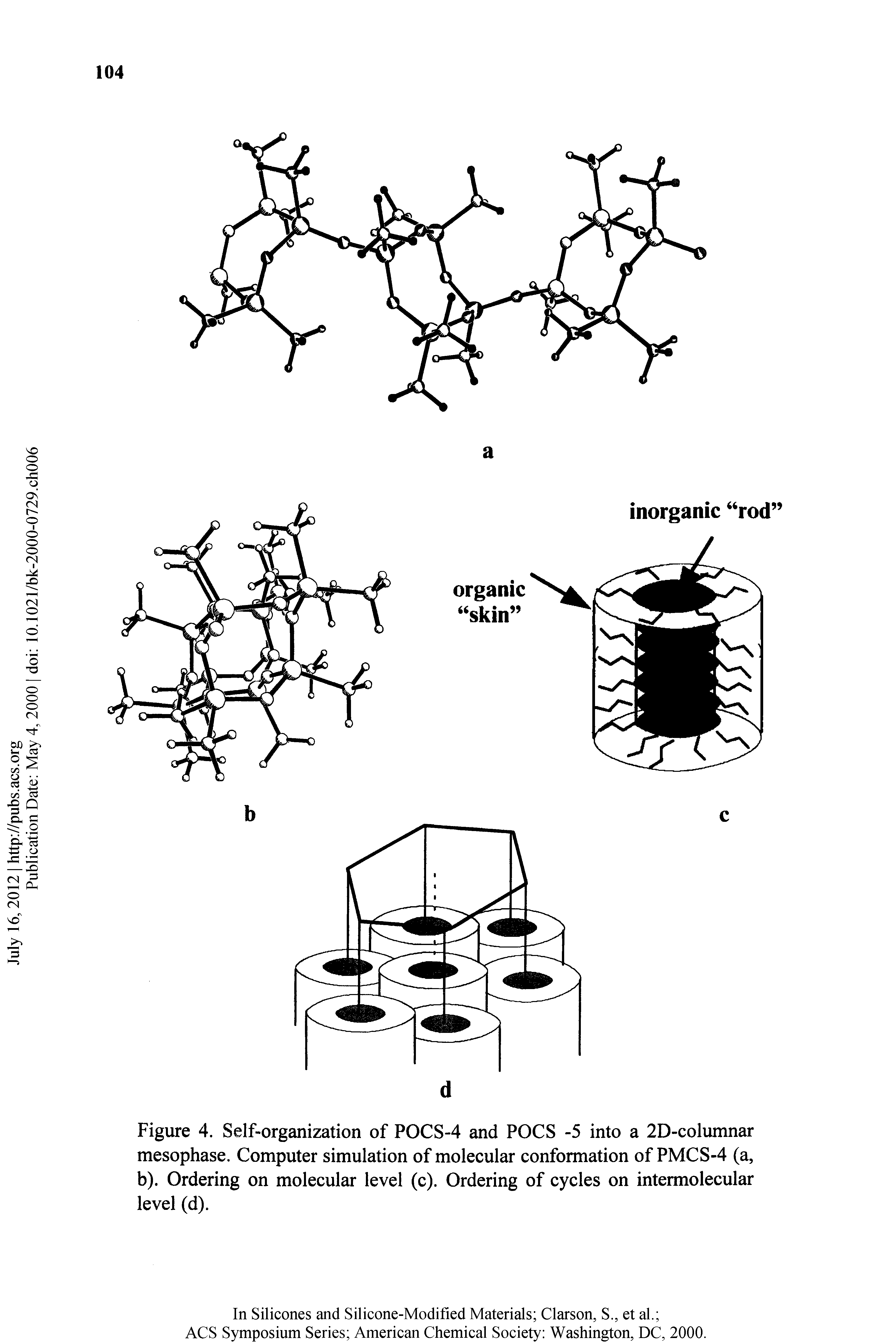 Figure 4. Self-organization of POCS-4 and POCS -5 into a 2D-columnar mesophase. Computer simulation of molecular conformation of PMCS-4 (a, b). Ordering on molecular level (c). Ordering of cycles on intermolecular level (d).