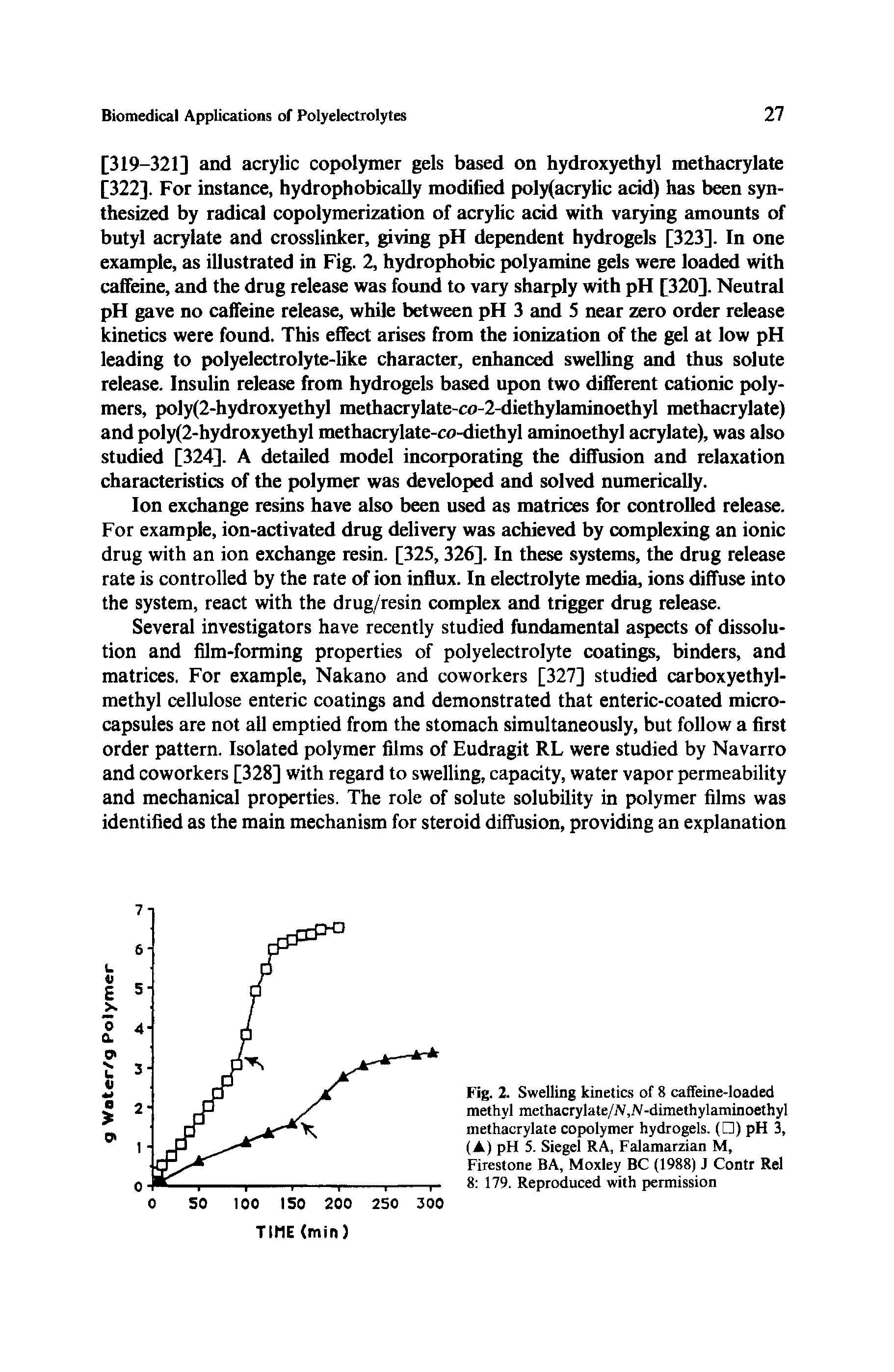 Fig. 2. Swelling kinetics of 8 caffeine-loaded methyl mcthacrylate/jV.A -dimethylaminoethyl methacrylate copolymer hydrogels. ( ) pH 3, (A) pH 5. Siegel RA, Falamarzian M, Firestone BA, Moxley BC (1988) J Contr Rel 8 179. Reproduced with permission...