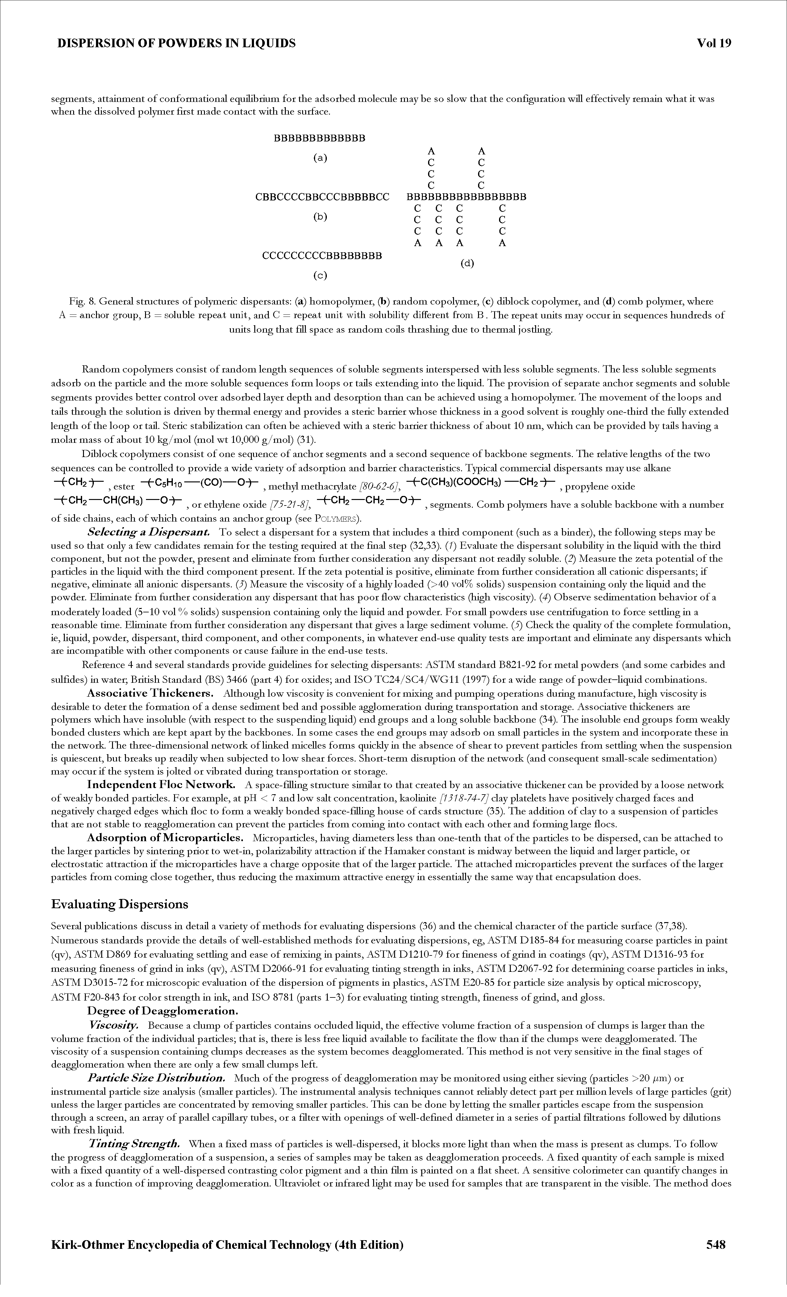 Fig. 8. General structures of polymeric dispersants (a) liomopolymer, (b) random copolymer, (c) diblock copolymer, and (d) comb polymer, where A = anchor group, B = soluble repeat unit, and C = repeat unit with solubility different from B. The repeat units may occur in sequences hundreds of...
