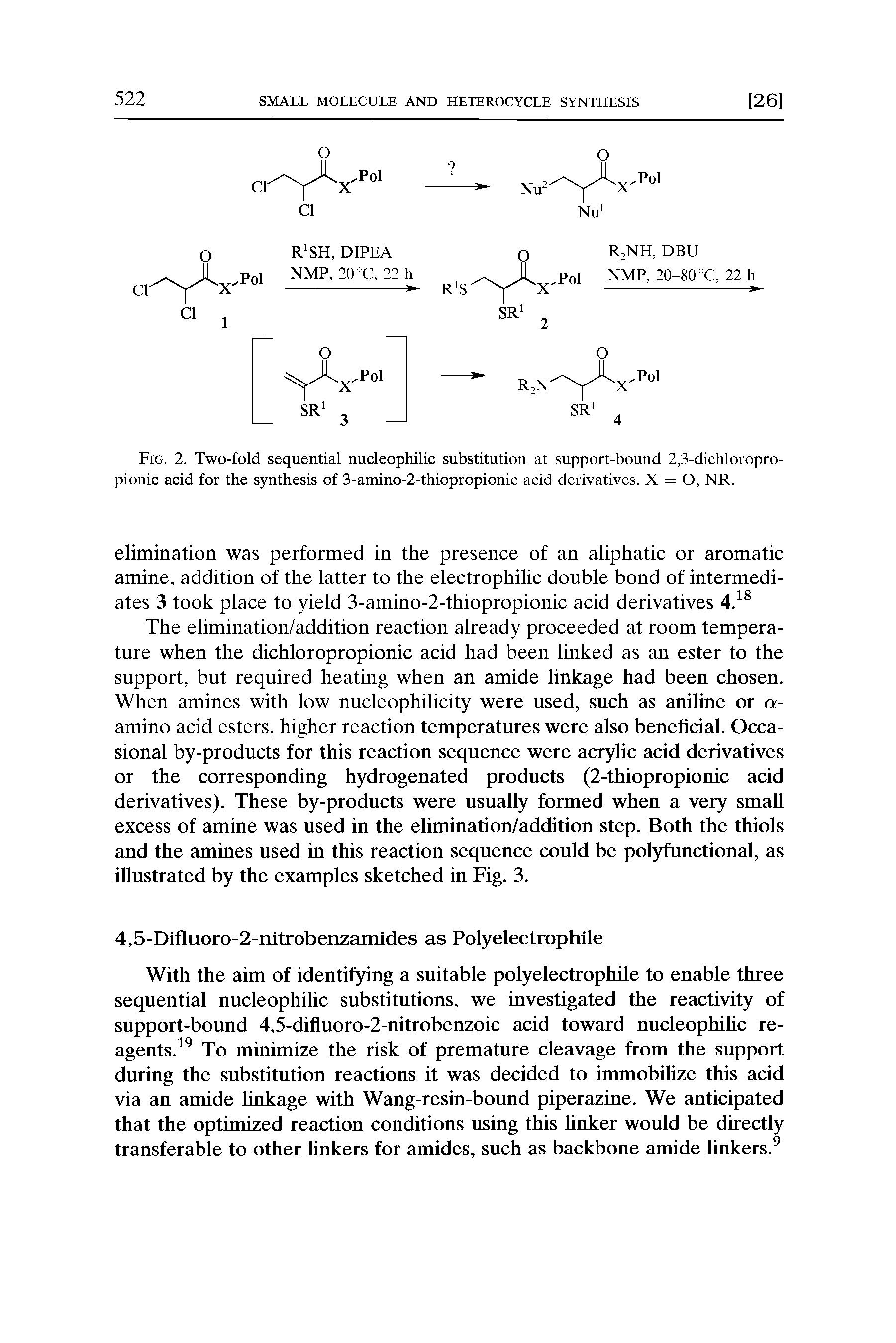 Fig. 2. Two-fold sequential nucleophilic substitution at support-bound 2,3-dichloropro-pionic acid for the synthesis of 3-amino-2-thiopropionic acid derivatives. X = O, NR.