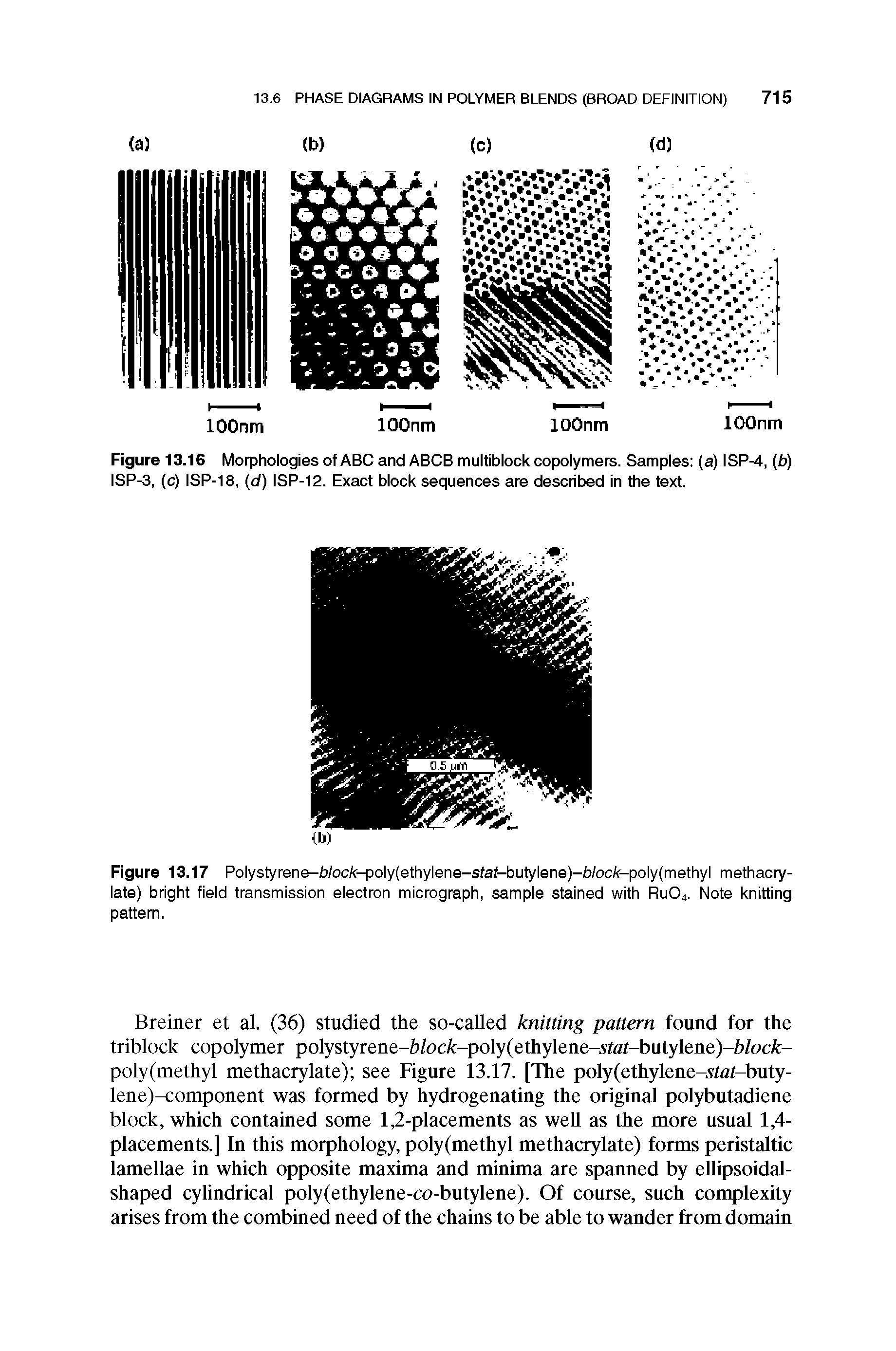 Figure 13.17 Polystyrene-Woc/c-poly(ethylene-sfaf-butylene)-Woc/c-poly(methyl methacrylate) bright field transmission electron micrograph, sample stained with RUO4. Note knitting pattern.