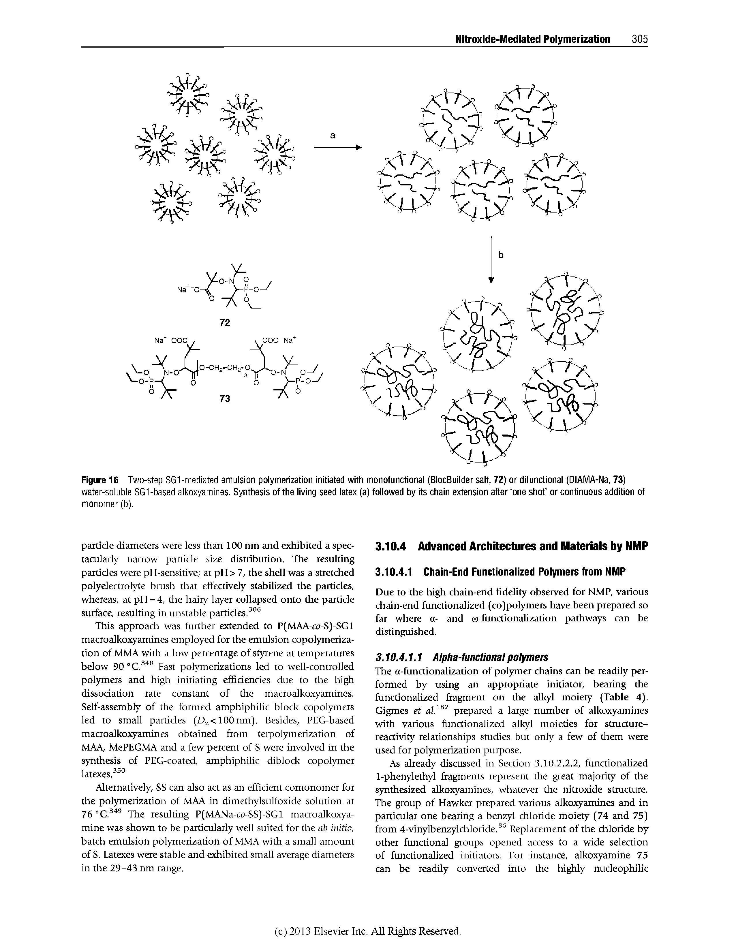Figure 16 Two-step SGI-mediated emulsion polymerization initiated with monofunctional (BlocBuilder salt, 72) or difunctional (DIAMA-Na, 73) water-soluble SGI -based alkoxyamines. Synthesis of the living seed latex (a) followed by its chain extension after one shof or continuous addition of...