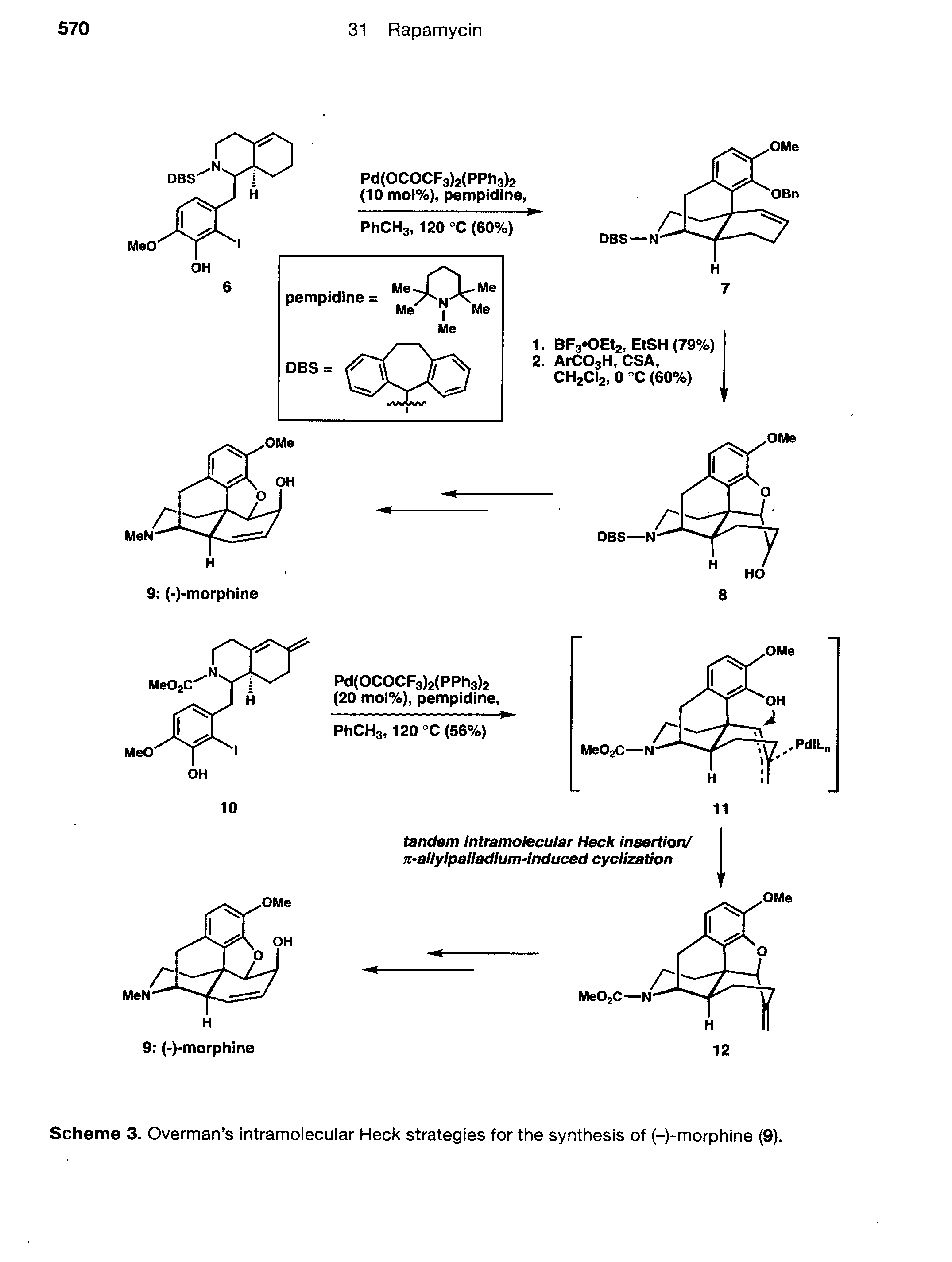 Scheme 3. Overman s intramolecular Heck strategies for the synthesis of (-)-morphine (9).