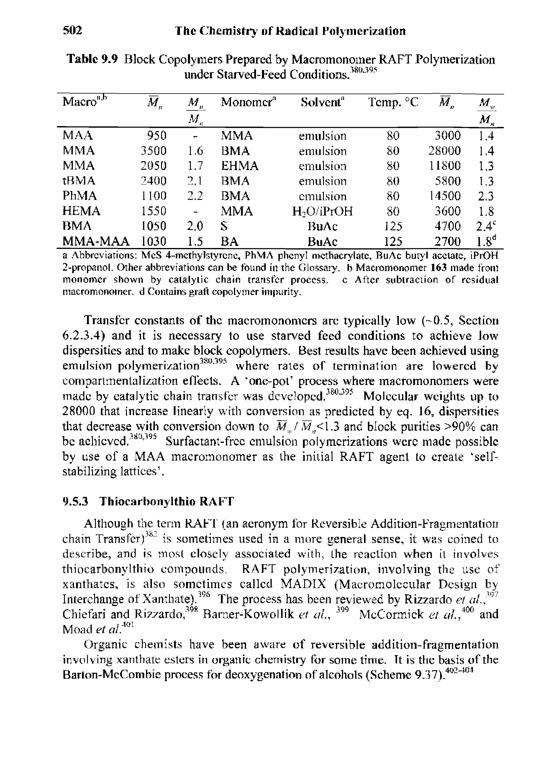 Table 9.9 Block Copolymers Prepared by Macromonomer RAFT Polymerization under Starved-Feed Conditions.380"595...