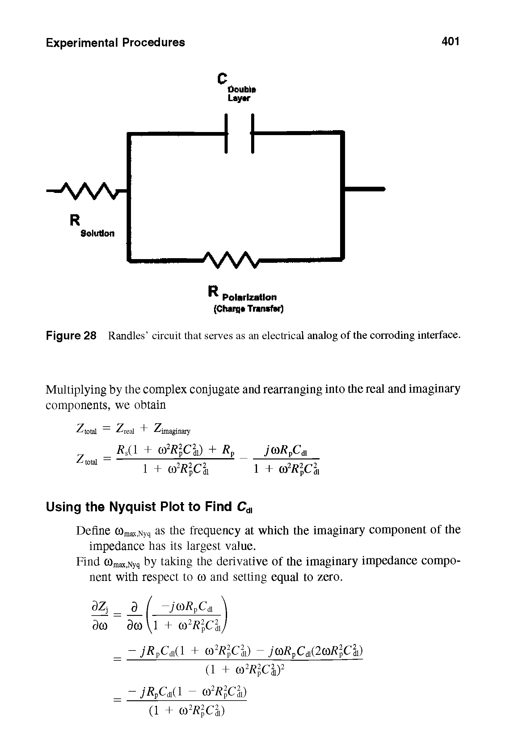 Figure 28 Randles circuit that serves as an electrical analog of the corroding interface.