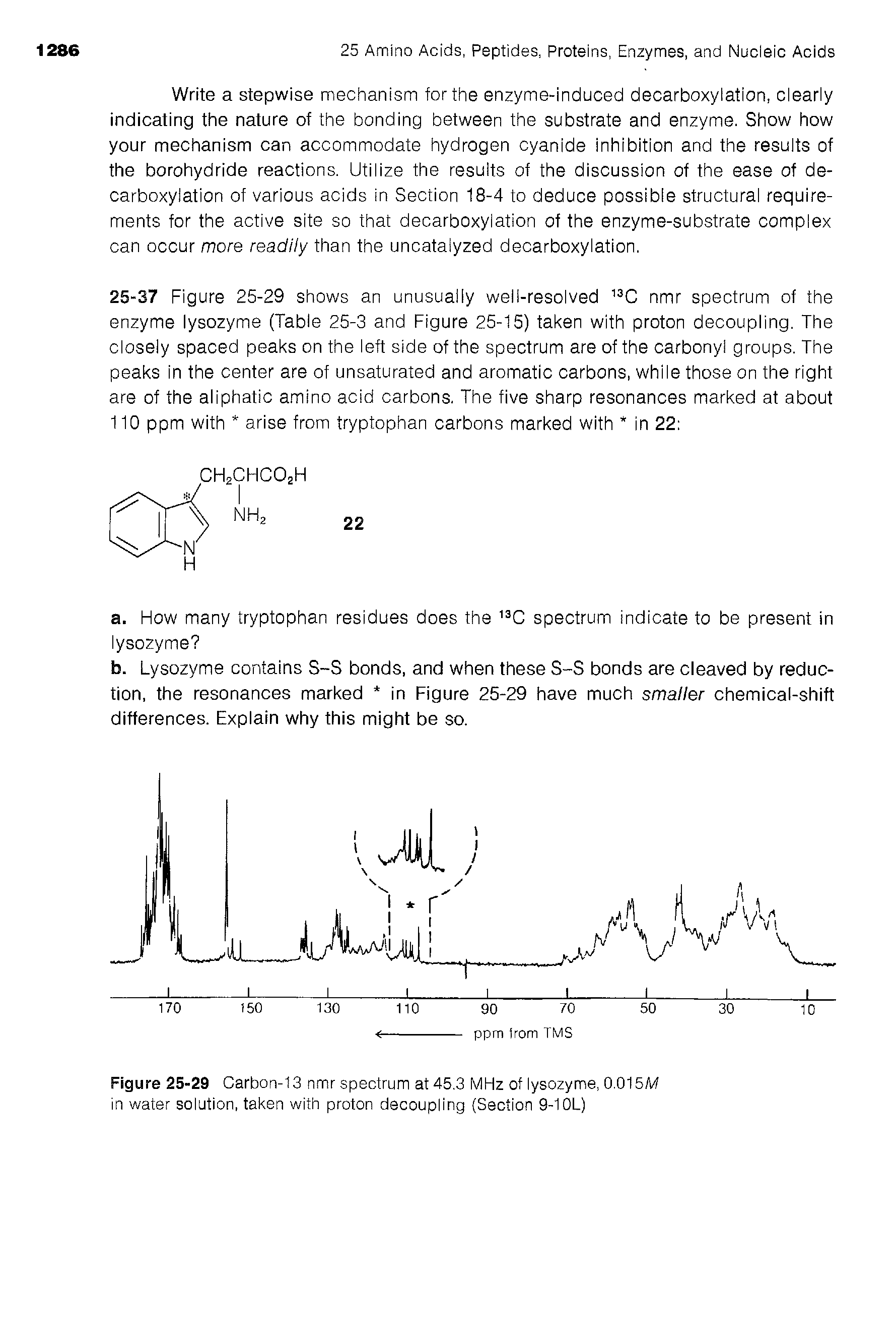 Figure 25-29 Carbon-13 nmr spectrum at 45.3 MHz of lysozyme, 0.015M in water solution, taken with proton decoupling (Section 9-10L)...