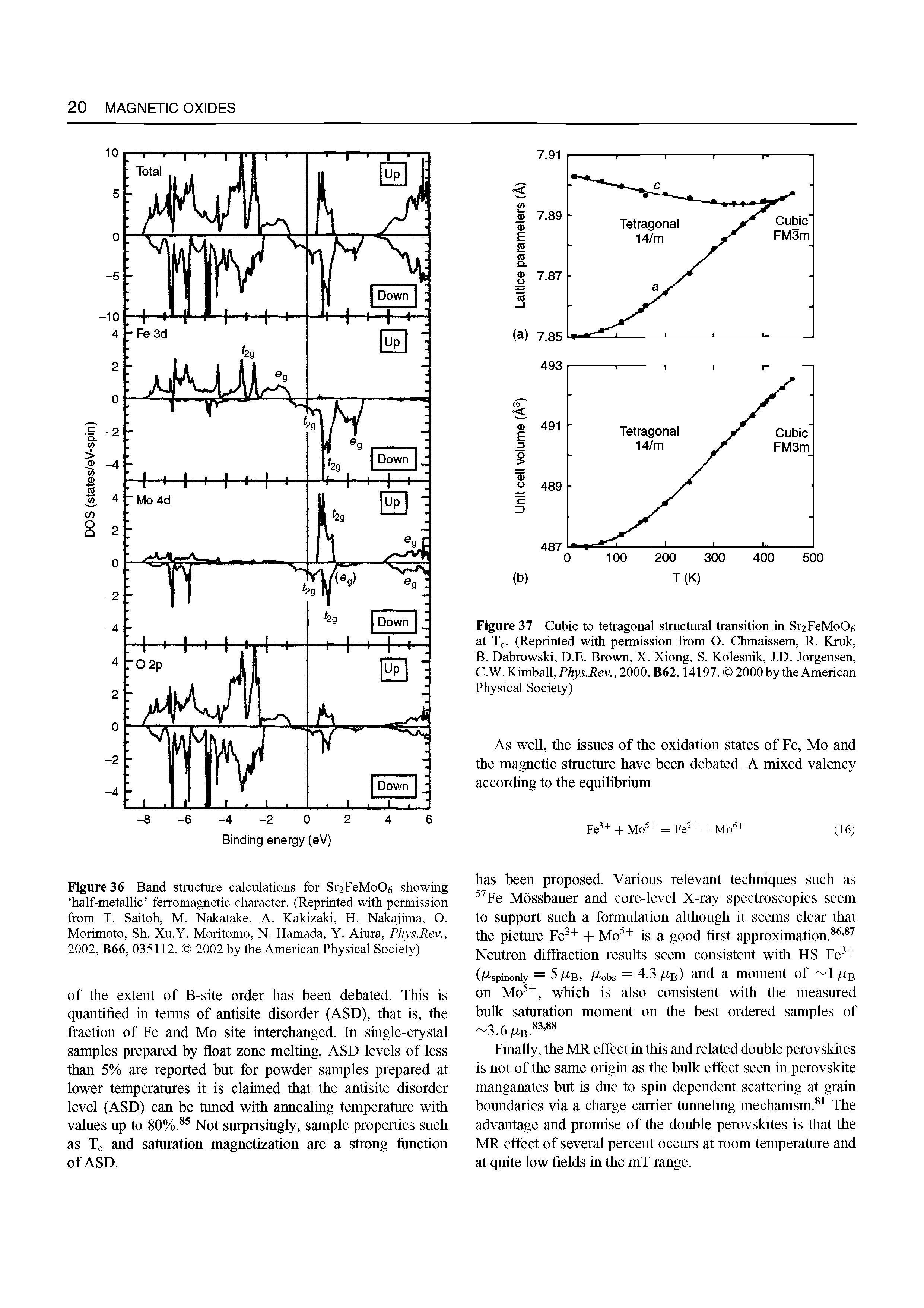 Figure 36 Band stmcture calculations for Sr2FeMo06 showing half-metallic ferromagnetic character. (Reprinted with permission from T. Saitoh, M. Nakatake, A. Kakizaki, H. Nakajima, O. Morimoto, Sh. Xu,Y. Moritomo, N. Hamada, Y. Aiura, Phys.Rev., 2002, B66, 035112. 2002 by the American Physical Society)...