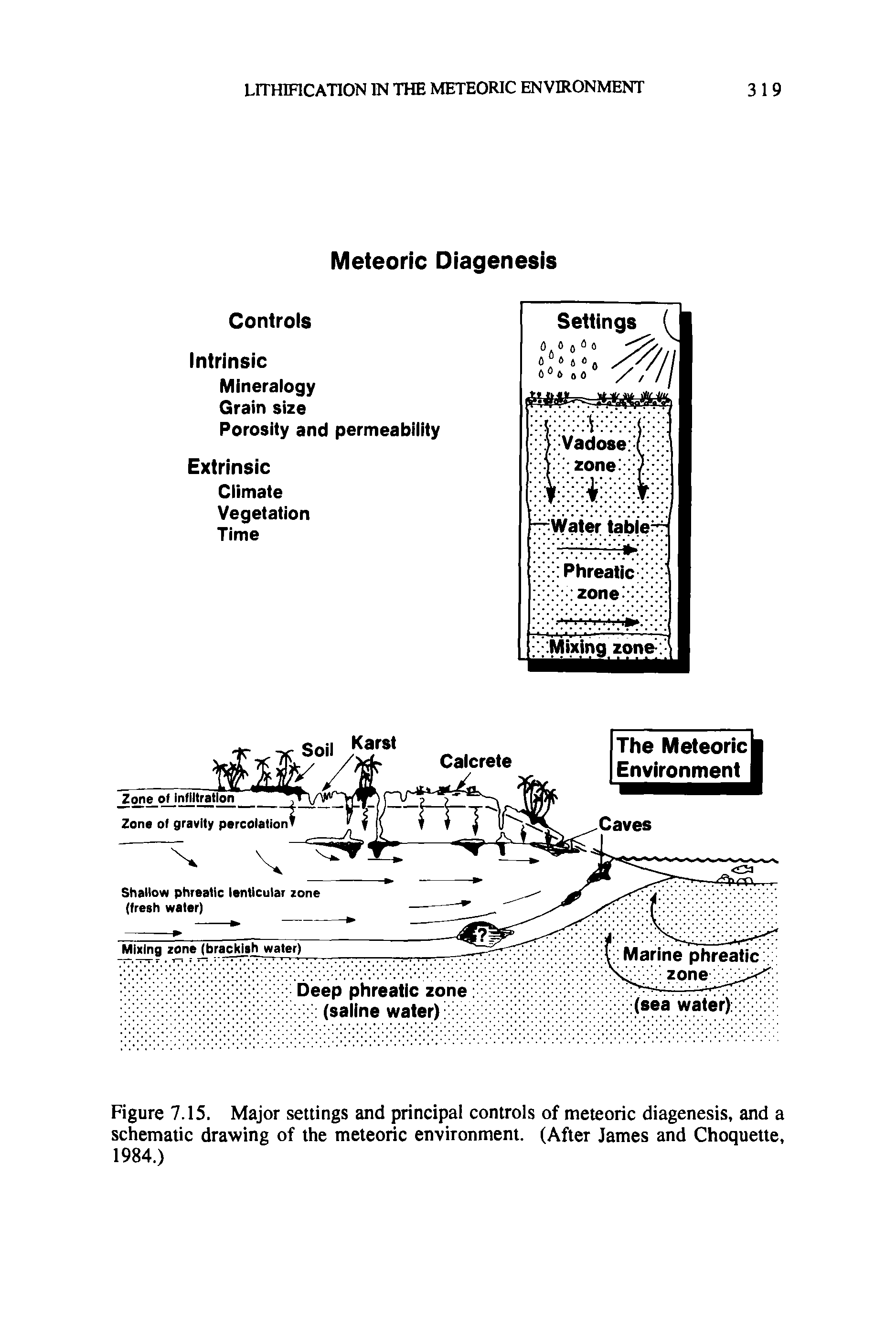 Figure 7.15. Major settings and principal controls of meteoric diagenesis, and a schematic drawing of the meteoric environment. (After James and Choquette, 1984.)...