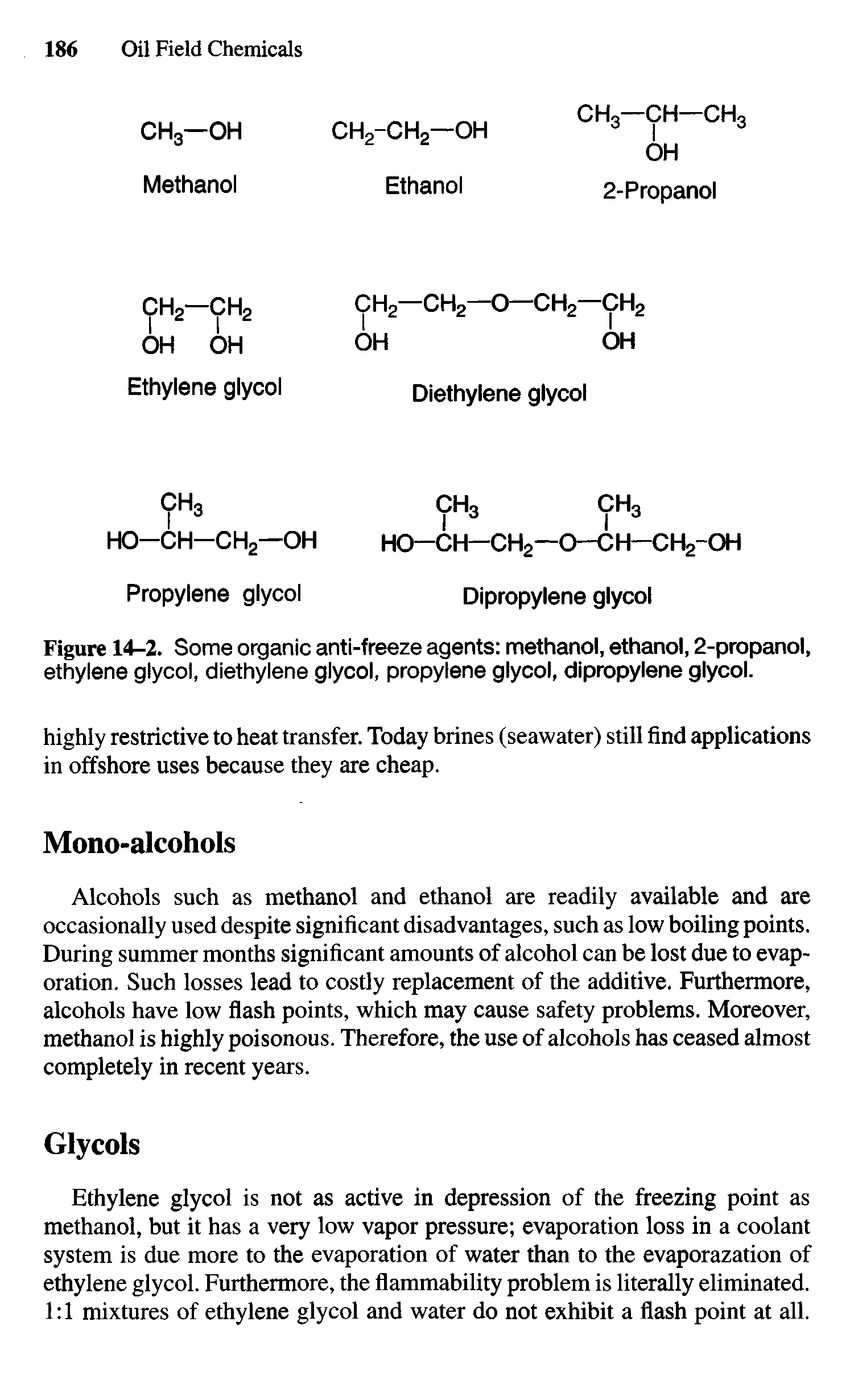 Figure 14-2. Some organic anti-freeze agents methanol, ethanol, 2-propanol, ethylene glycol, diethylene glycol, propylene glycol, dipropylene glycol.