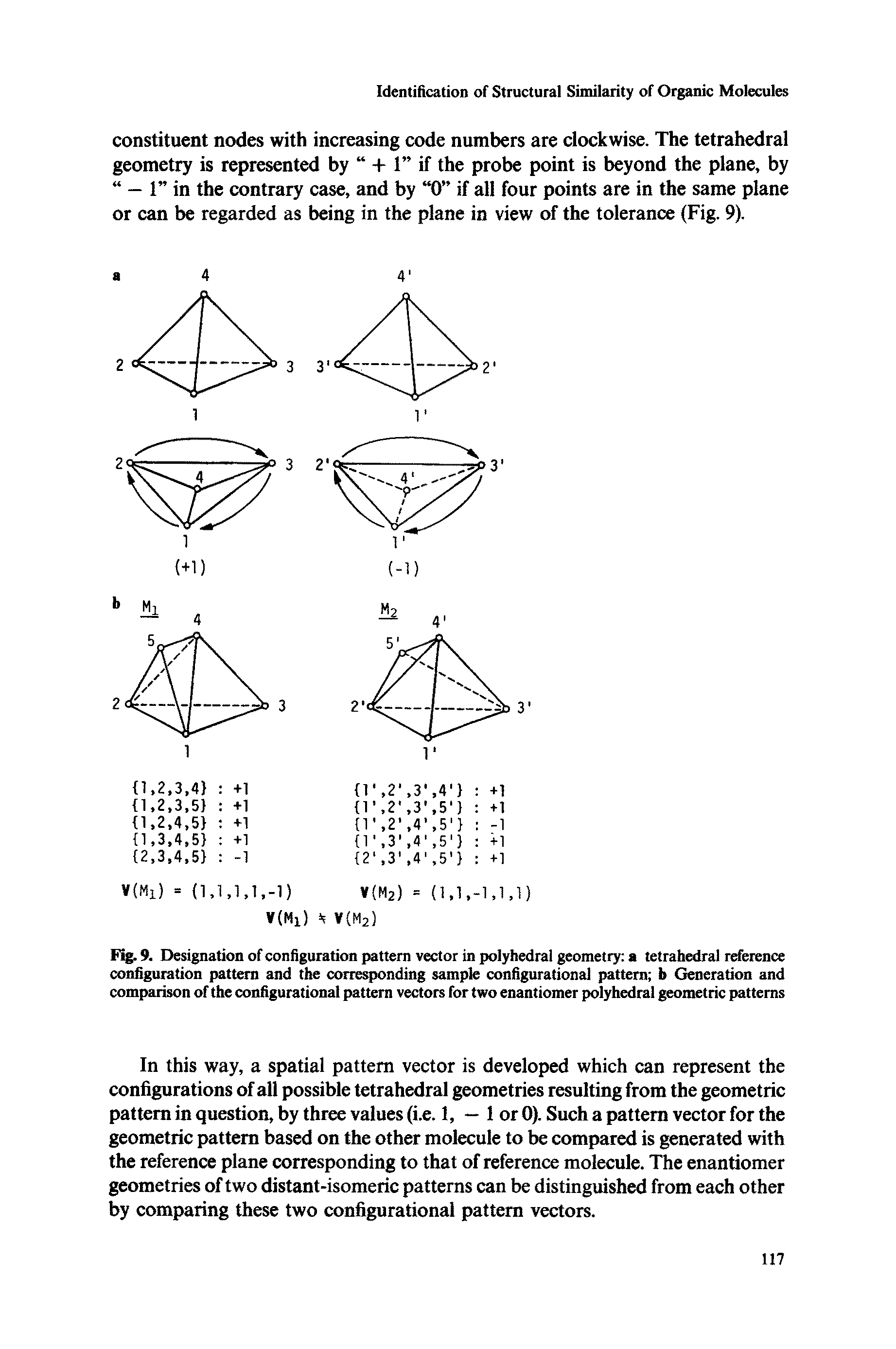 Fig. 9. Designation of configuration pattern vector in polyhedral geometry a tetrahedral reference configuration pattern and the corresponding sample configurational pattern b Generation and comparison of the configurational pattern vectors for two enantiomer polyhedral geometric patterns...
