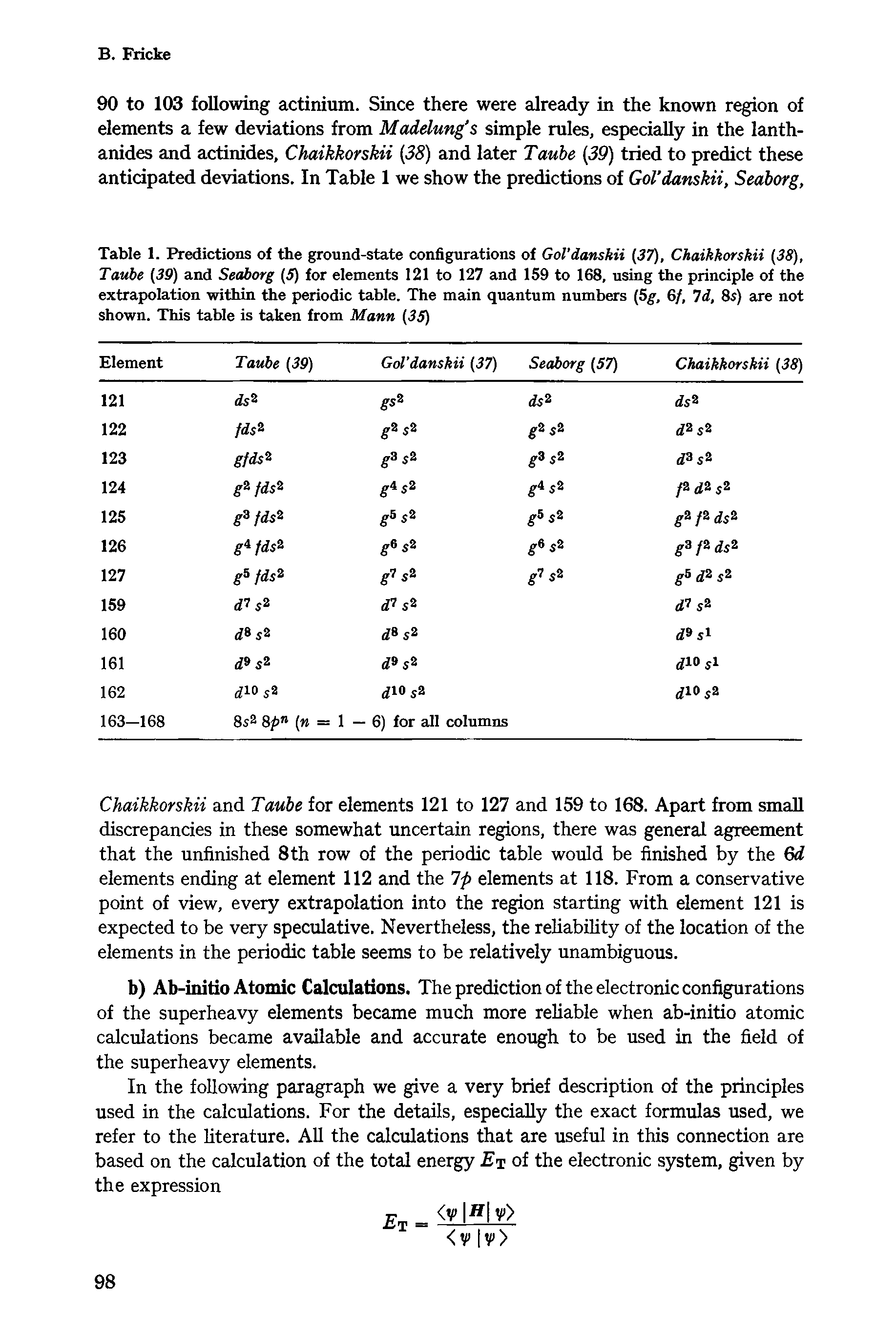 Table 1. Predictions of the ground-state configurations of Gol danskii [37), Chaikkorskii [38), Taube [39) and Seaborg (5) for elements 121 to 127 and 159 to 168, using the principle of the extrapolation within the periodic table. The main quantum numbers [5g, 6/, Id, 8s) are not shown. This table is taken from Mann [3S)...