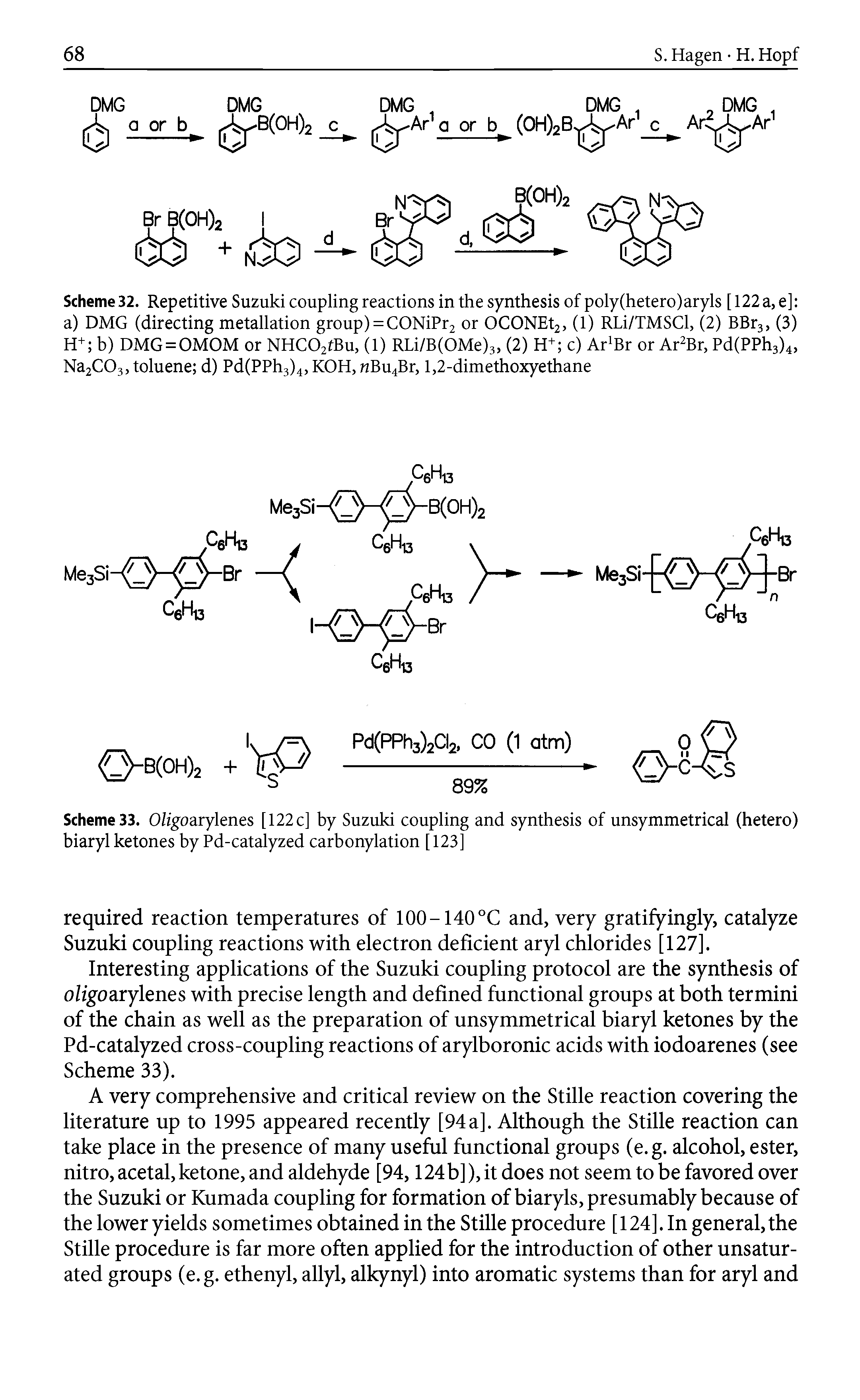 Scheme 33. OZzgoarylenes [122 c] by Suzuki coupling and synthesis of unsymmetrical (hetero) biaryl ketones by Pd-catalyzed carbonylation [123]...
