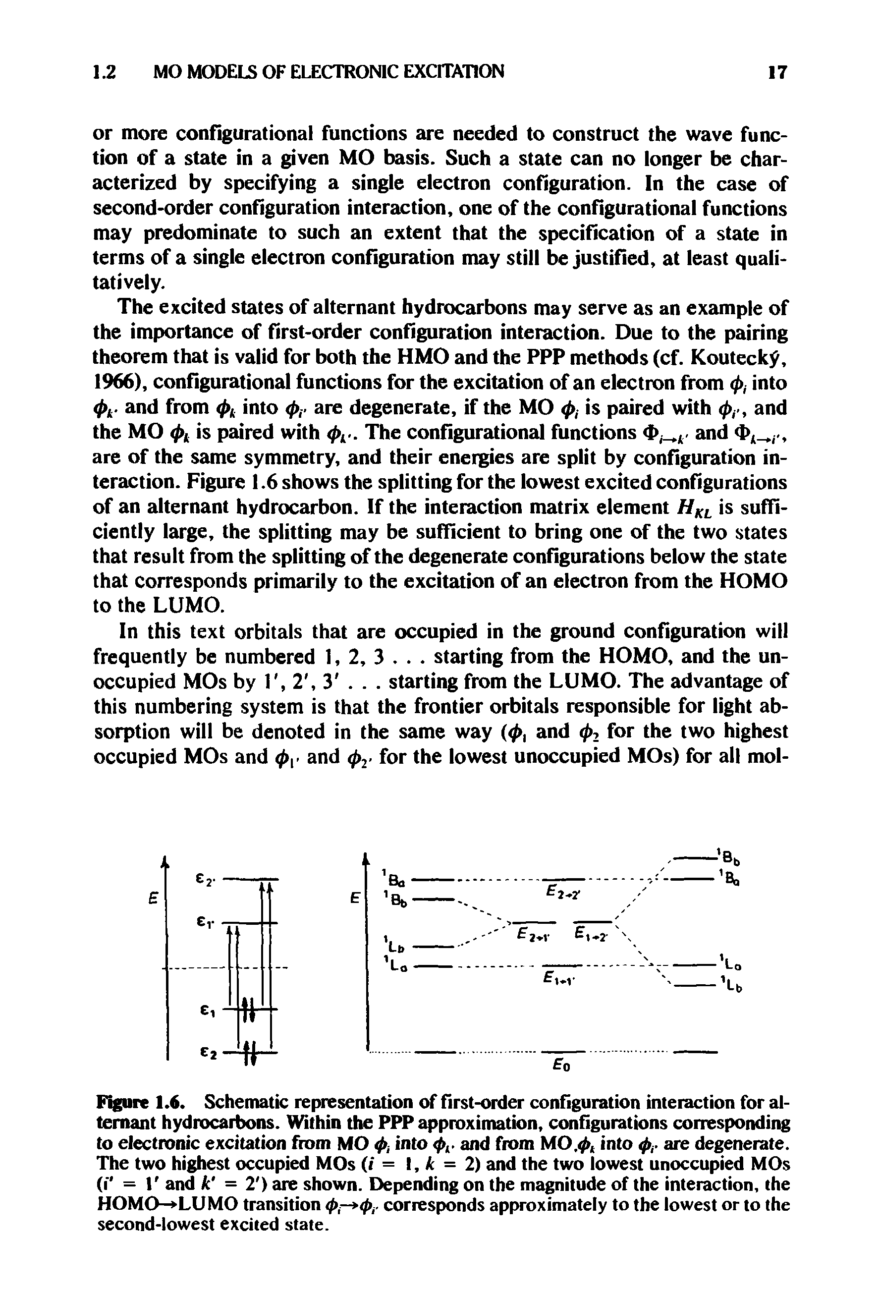 Figure 1.6. Schematic representation of first-order configuration interaction for alternant hydrocarbons. Within the PPP approximation, conHgurations corresponding to electronic excitation from MO 4>i into and from MO., into are degenerate. The two highest occupied MOs (i =, k = 2) and the two lowest unoccupied MOs (f = r and k = 2 ) are shown. Depending on the magnitude of the interaction, the HOMO- LUMO transition <pr- <pi- corresponds approximately to the lowest or to the second-lowest excited state.