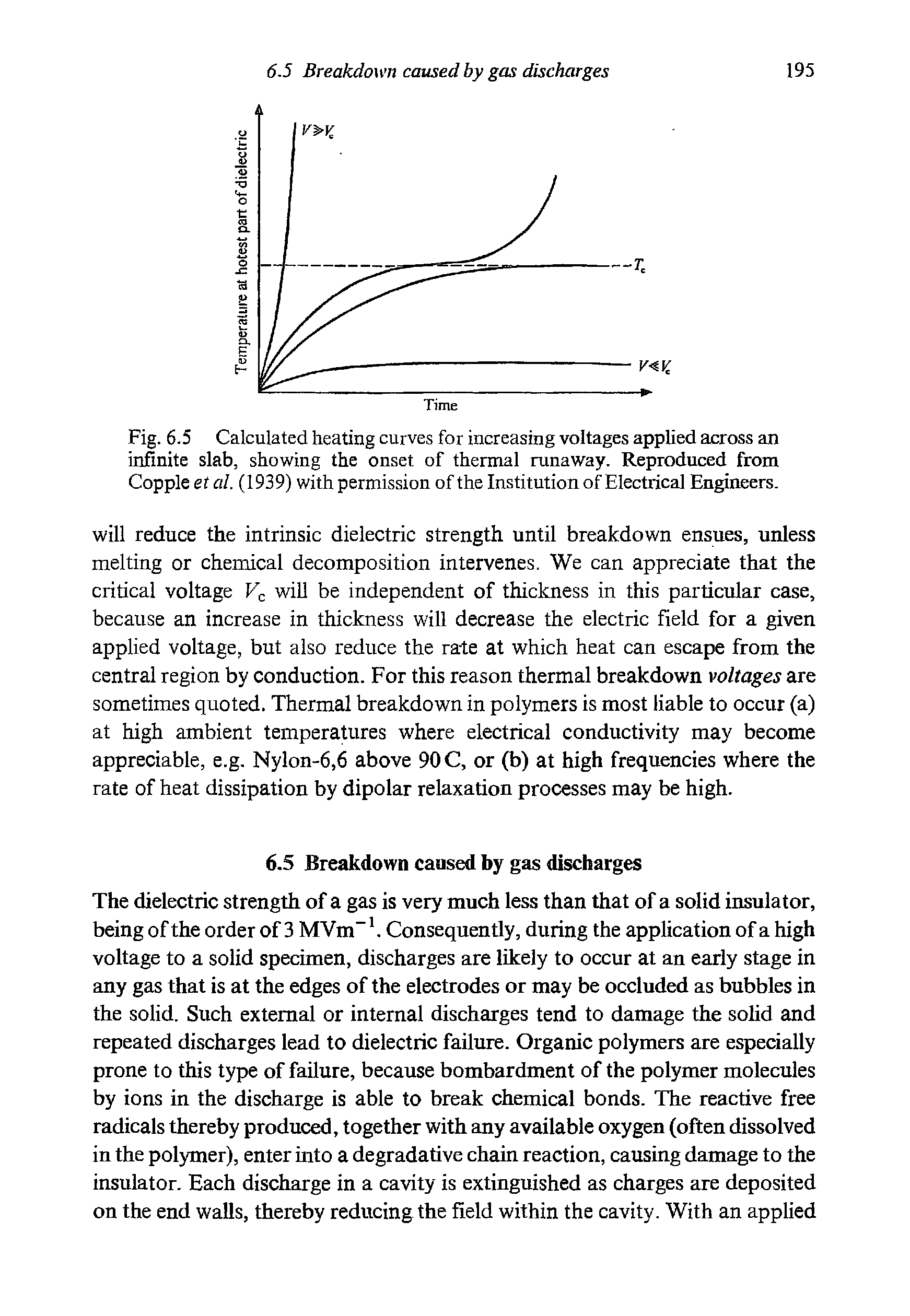 Fig. 6.5 Calculated heating curves for increasing voltages applied across an infinite slab, showing the onset of thermal runaway. Reproduced from Copple et ctl. (1939) with permission of the Institution of Electrical Engineers.