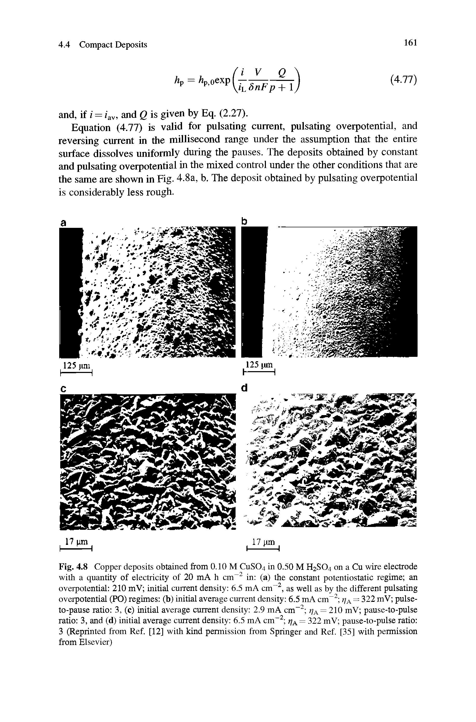 Fig. 4.8 Copper deposits obtained from 0.10 M CUSO4 in 0.50 M H2SO4 on a Cu wire electrode with a quantity of electricity of 20 mA h cm in (a) the constant potentiostatic regime an overpotential 210 mV initial current density 6.5 mA cm , as well as by the different pulsating overpotential (PO) regimes (b) initial average current density 6.5 mA cm = 322 mV pulse-...