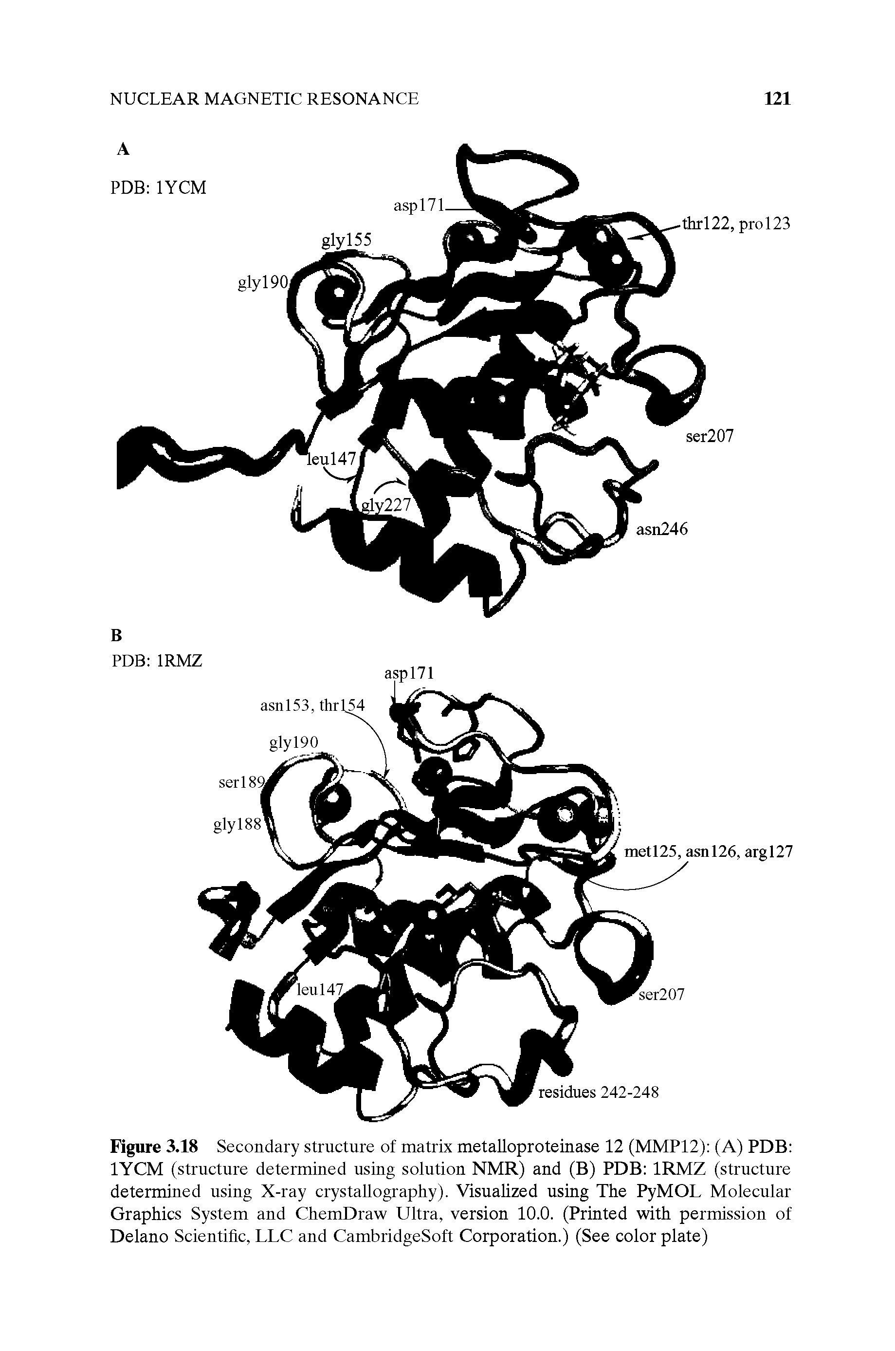 Figure 3.18 Secondary structure of matrix metalloproteinase 12 (MMP12) (A) PDB lYCM (structure determined using solution NMR) and (B) PDB IRMZ (structure determined using X-ray crystallography). Visualized using The PyMOL Molecular Graphics System and ChemDraw Ultra, version 10.0. (Printed with permission of Delano Scientific, LLC and CambridgeSoft Corporation.) (See color plate)...